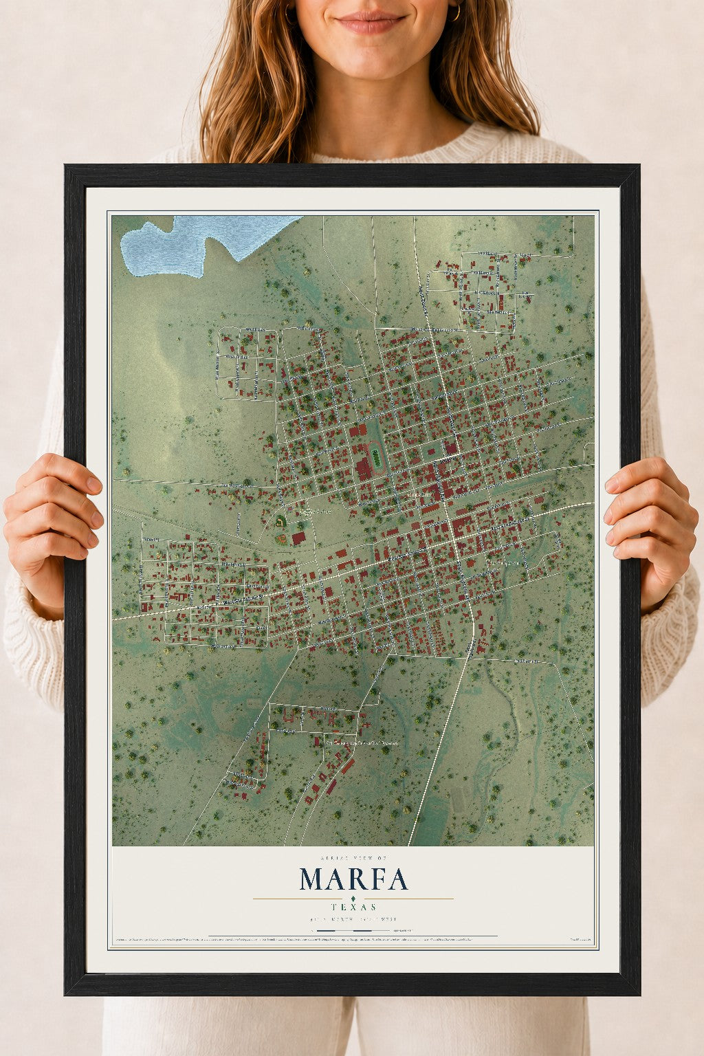 Map of Marfa, Texas, 18 x 24 inch print in a black wood frame