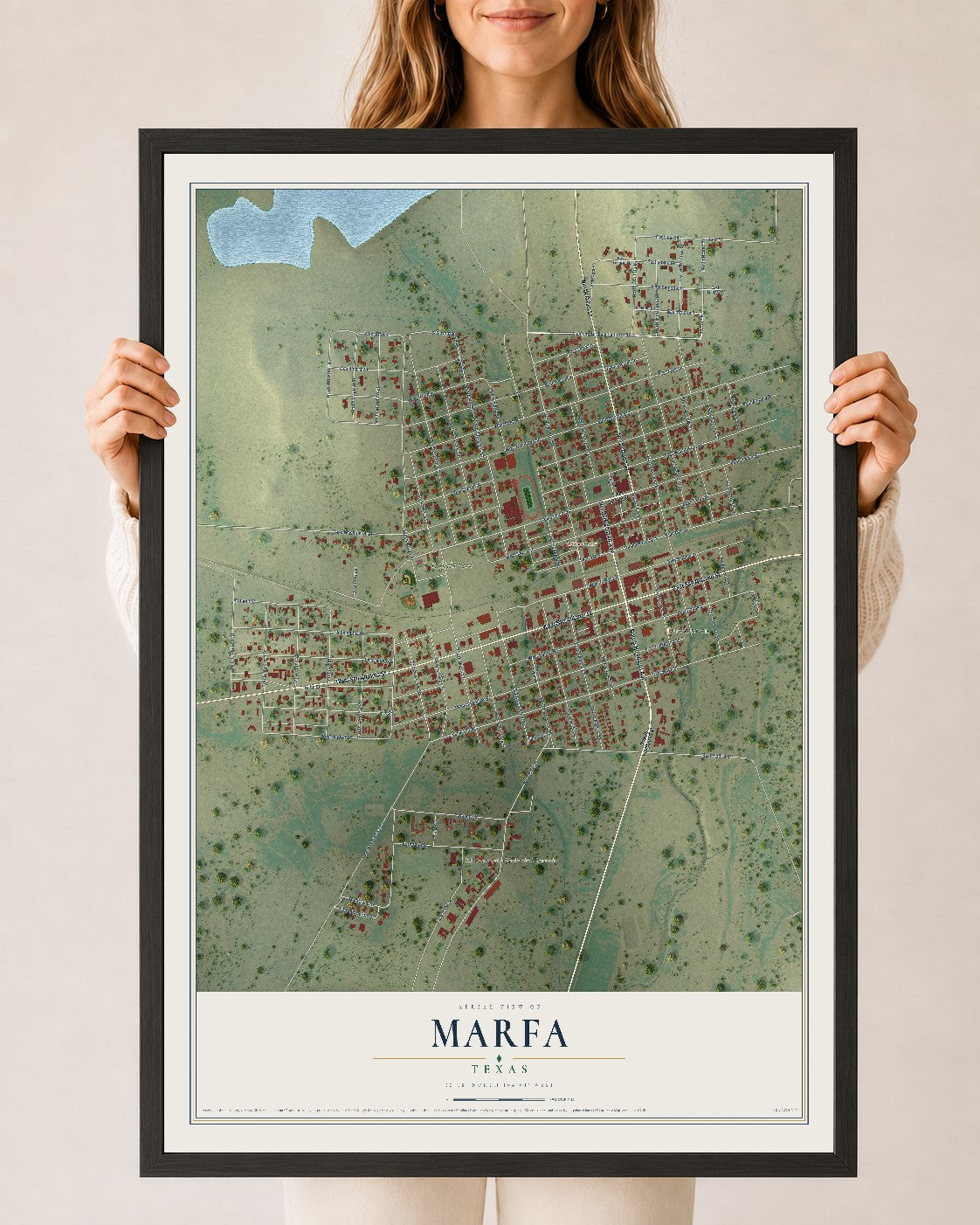 Map of Marfa, Texas, 24 x 36 inch print in a black wood frame