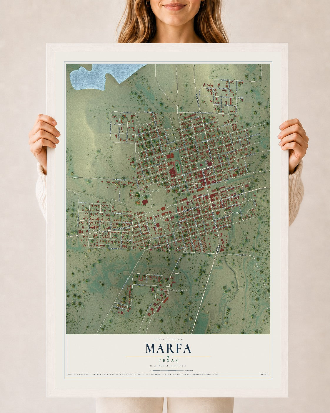 Map of Marfa, Texas, 24 x 36 inch print in a white wood frame