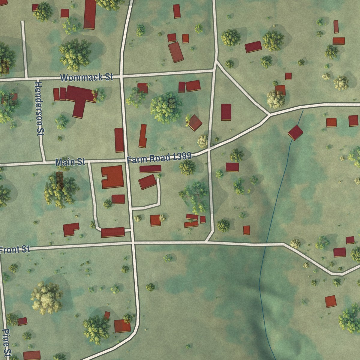 Close-up of the map of Marietta, Texas print showing street and building detail
