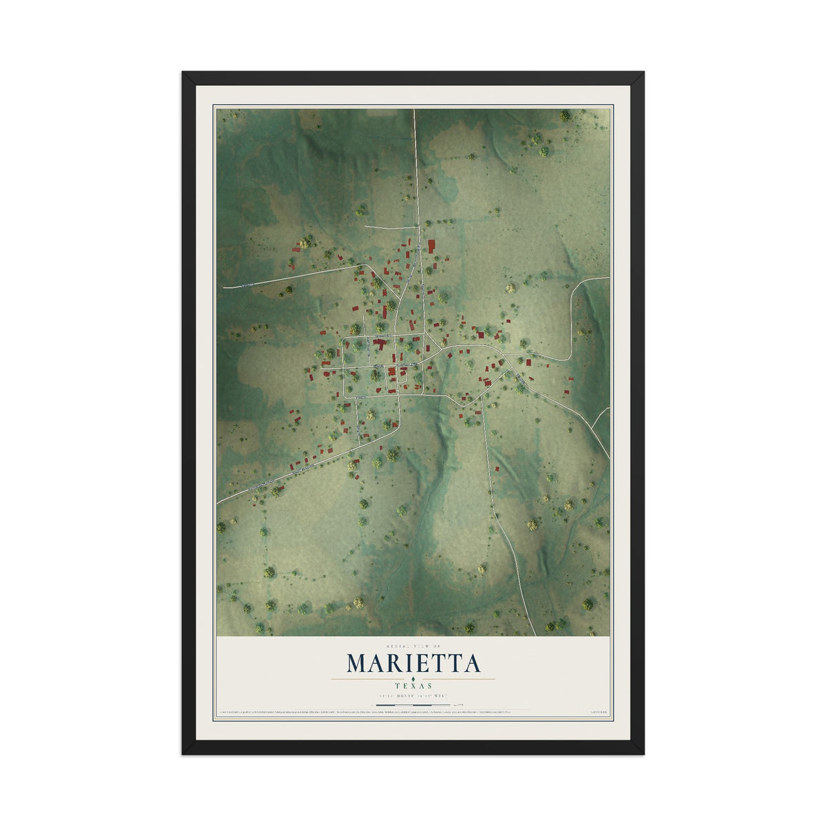 Map of Marietta, Texas, 12 x 18 inch print in a black wood frame