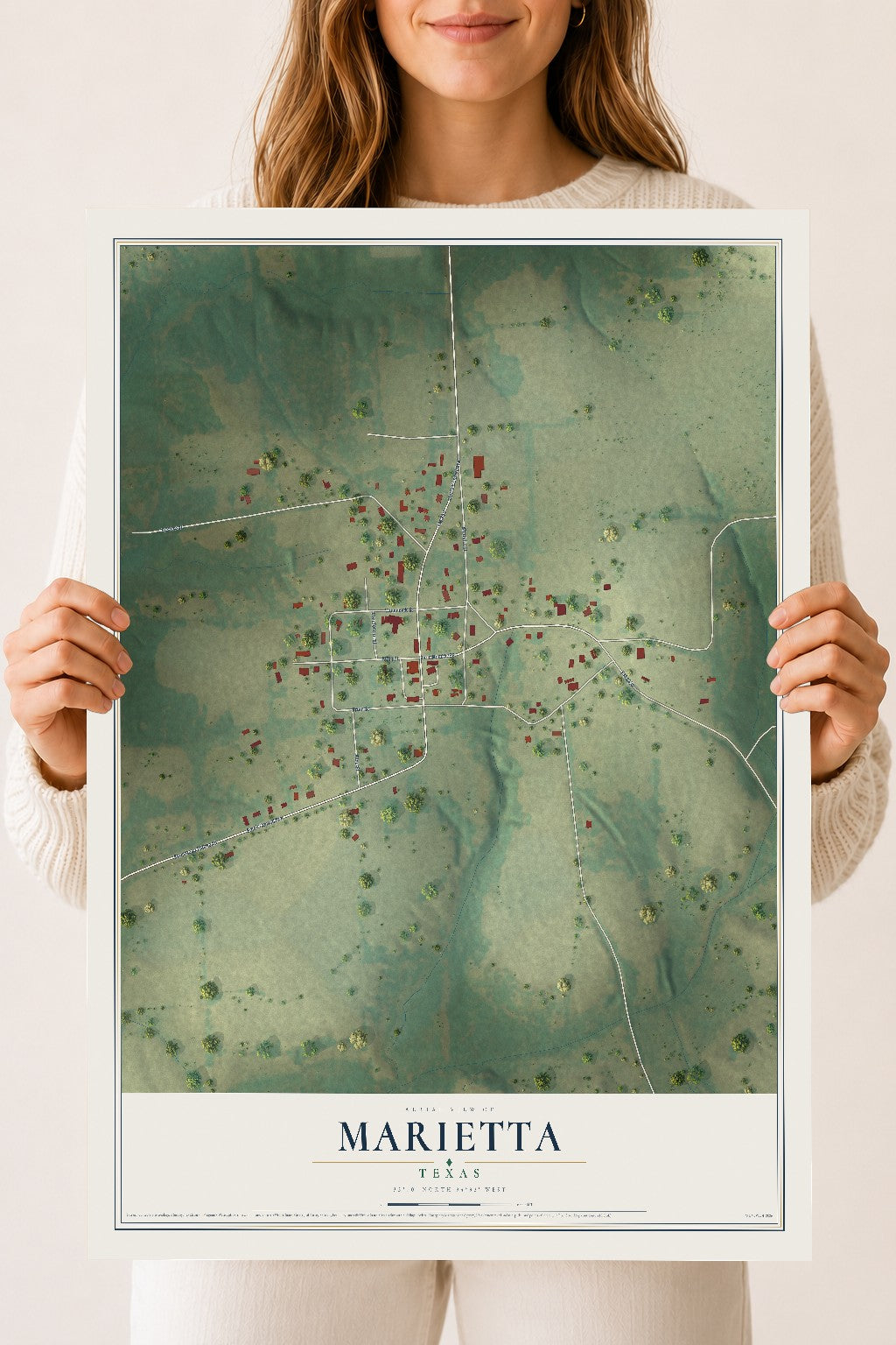 Map of Marietta, Texas, 18 x 24 inch unframed archival matte print