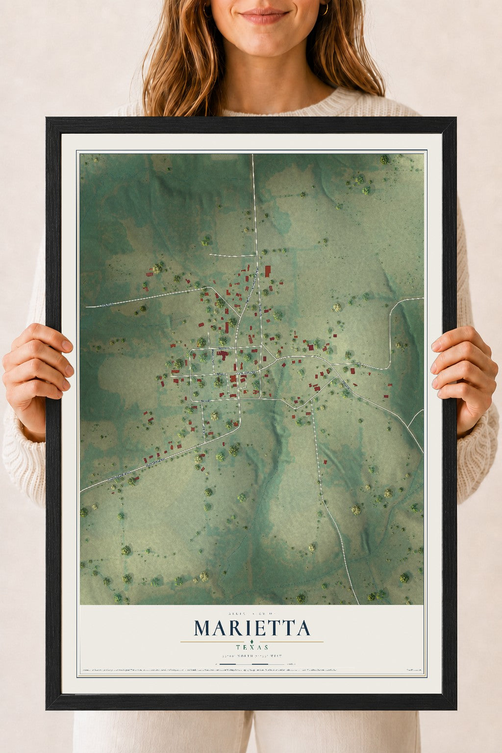 Map of Marietta, Texas, 18 x 24 inch print in a black wood frame