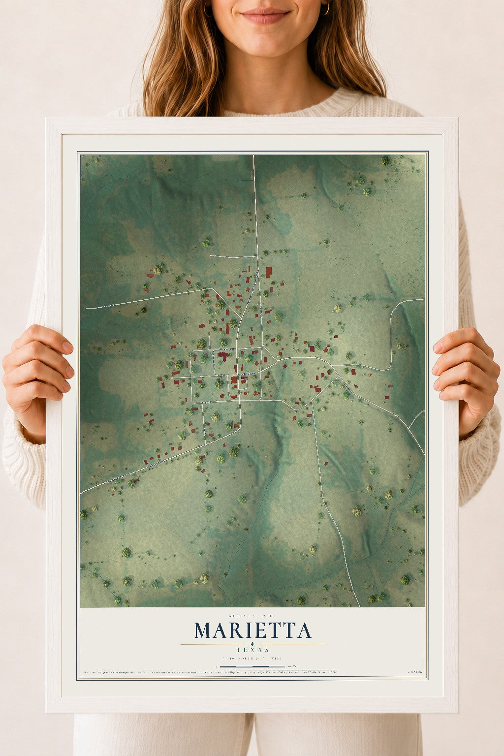 Map of Marietta, Texas, 18 x 24 inch print in a white wood frame