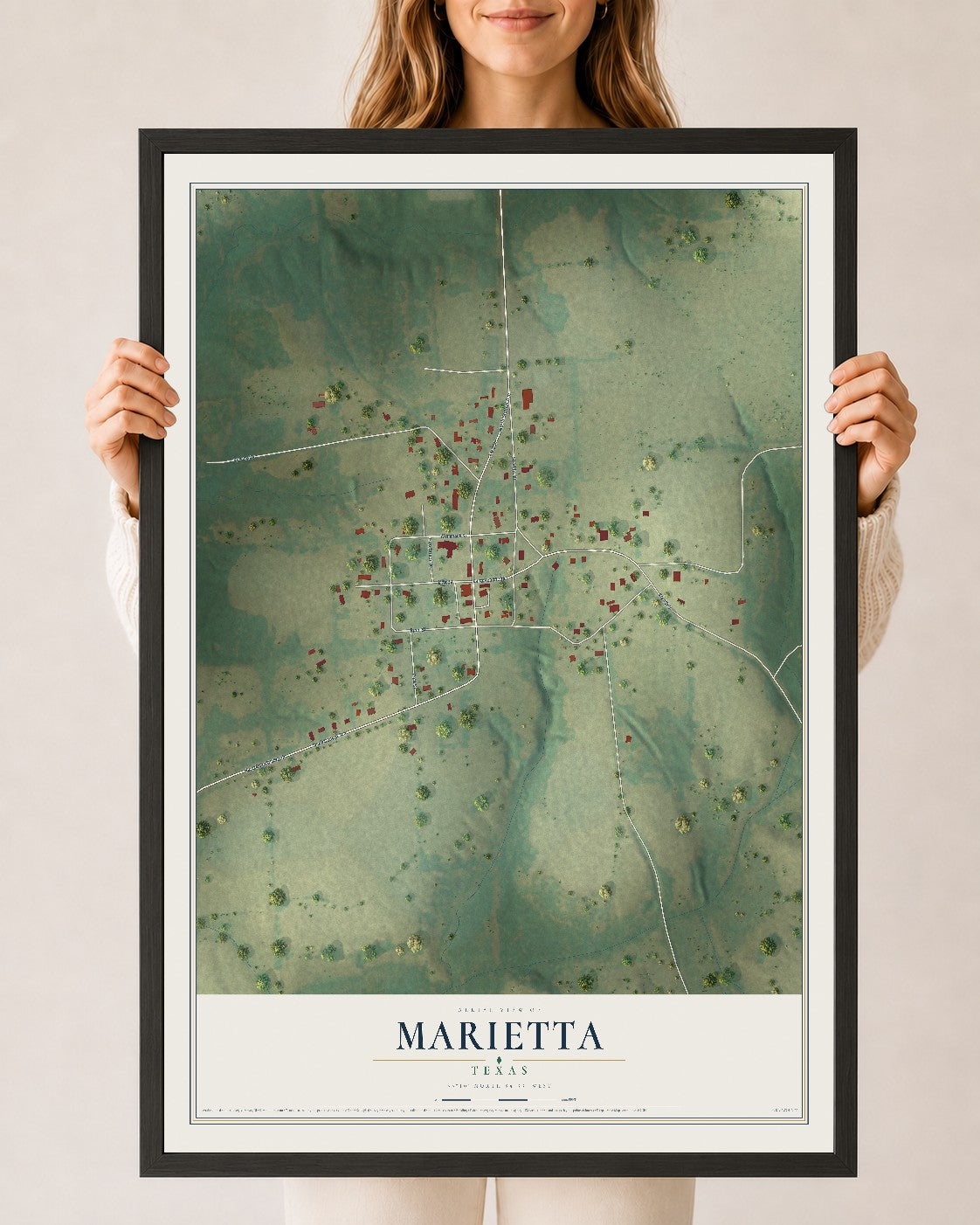 Map of Marietta, Texas, 24 x 36 inch print in a black wood frame