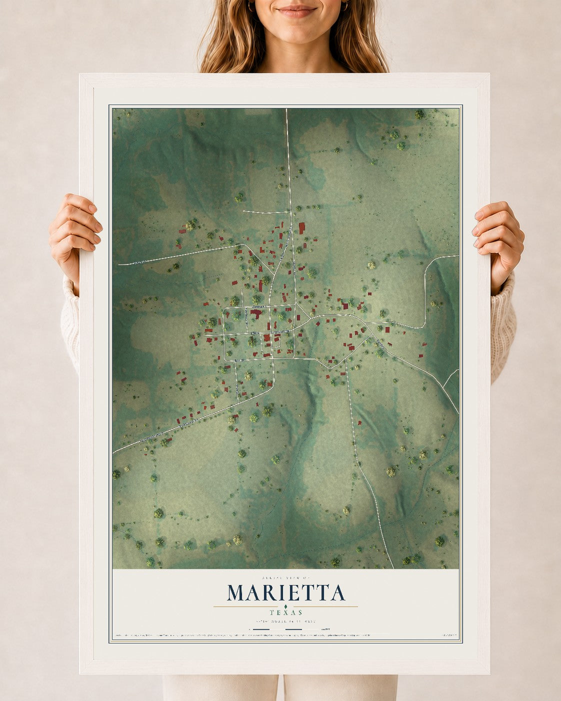 Map of Marietta, Texas, 24 x 36 inch print in a white wood frame