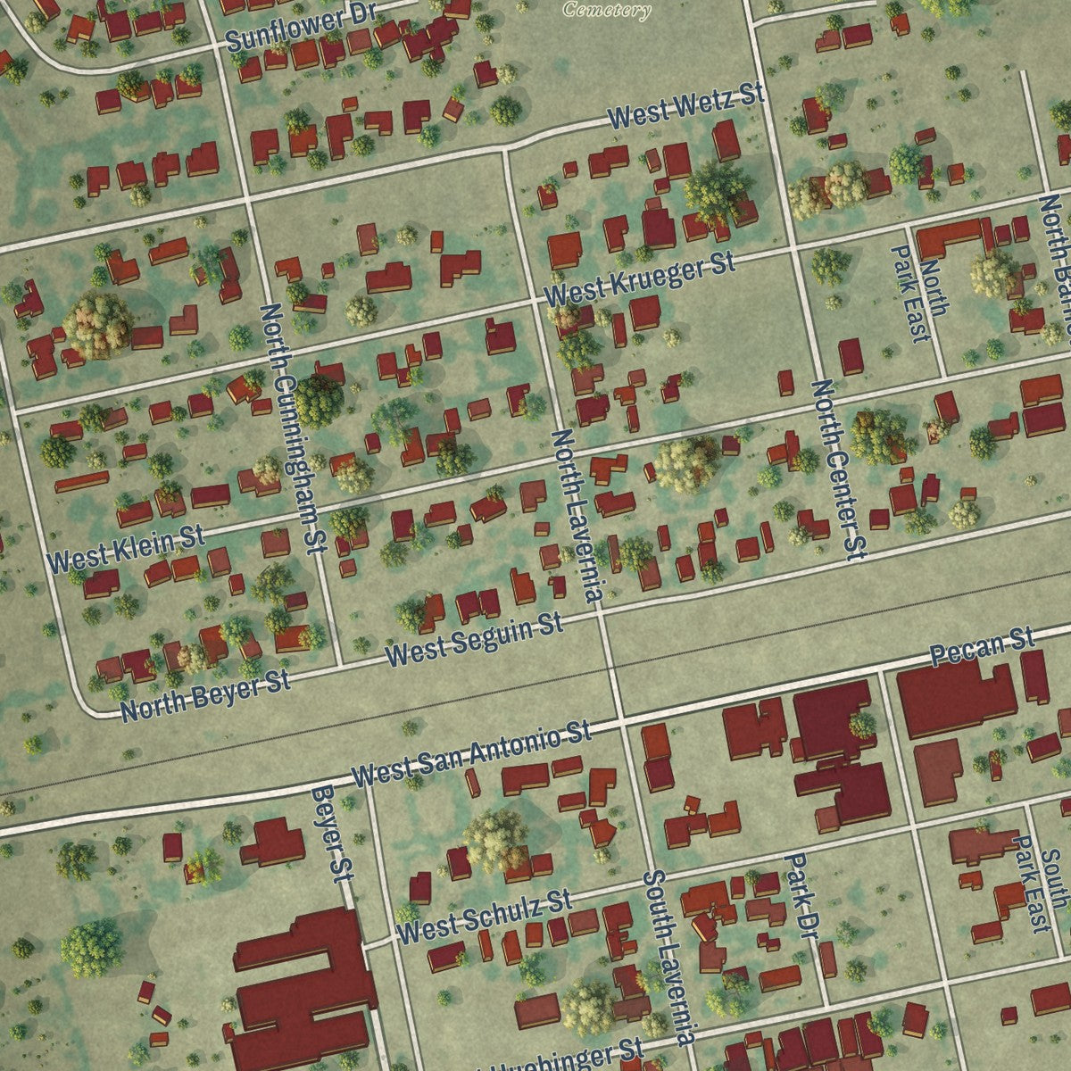 Close-up of the map of Marion, Texas print showing street and building detail
