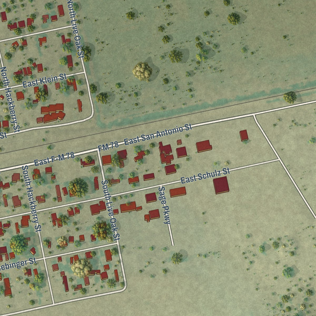 Second close-up of the map of Marion, Texas print showing more streets and buildings