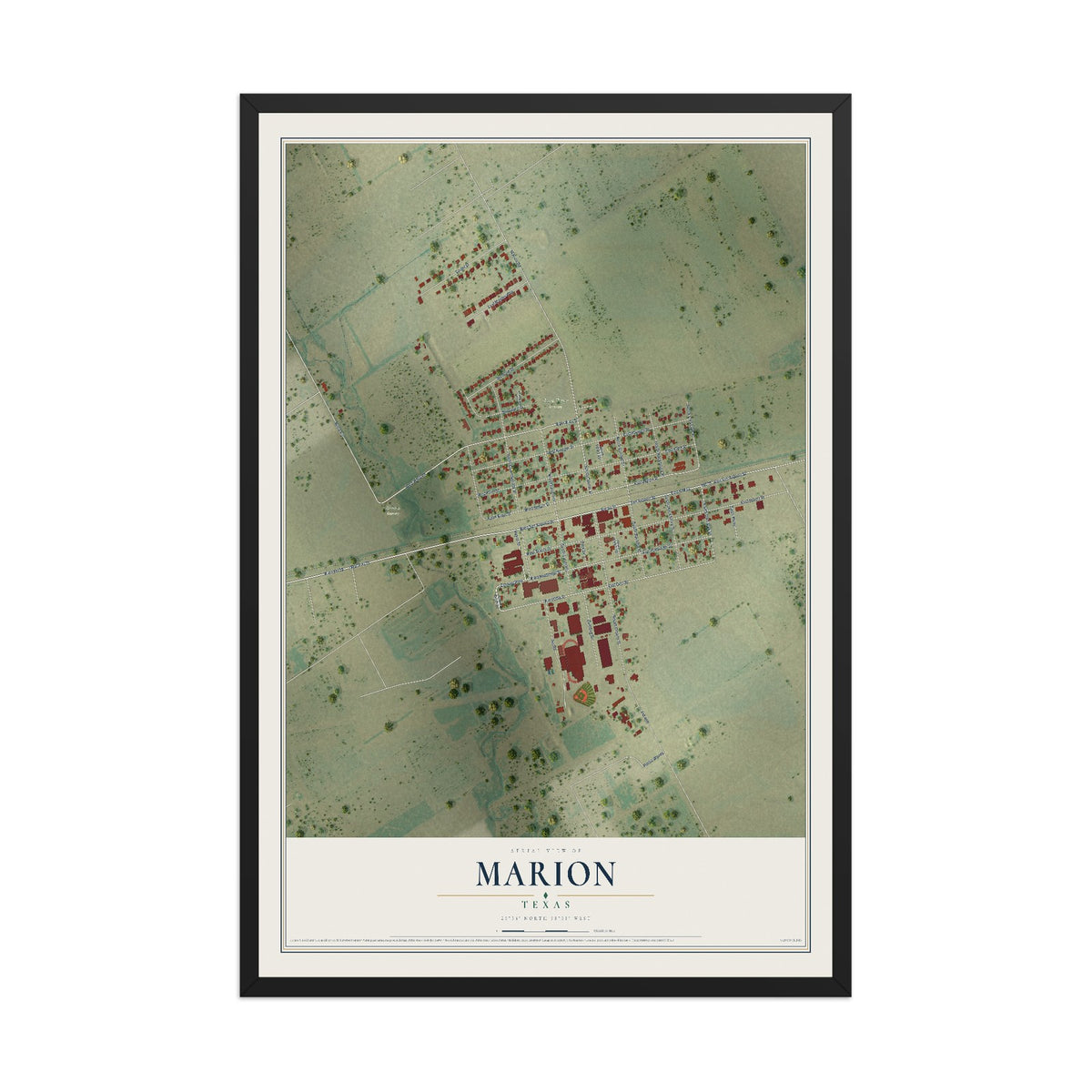 Map of Marion, Texas, 12 x 18 inch print in a black wood frame