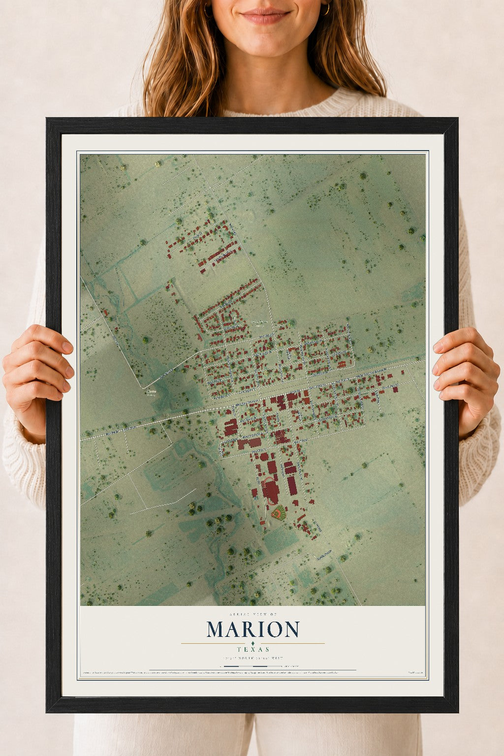 Map of Marion, Texas, 18 x 24 inch print in a black wood frame