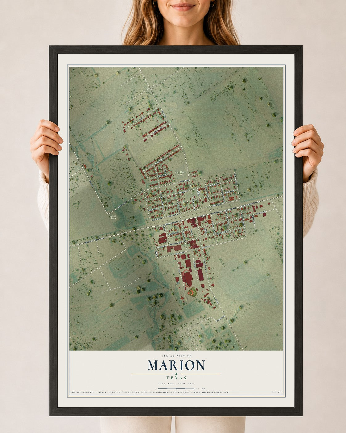 Map of Marion, Texas, 24 x 36 inch print in a black wood frame