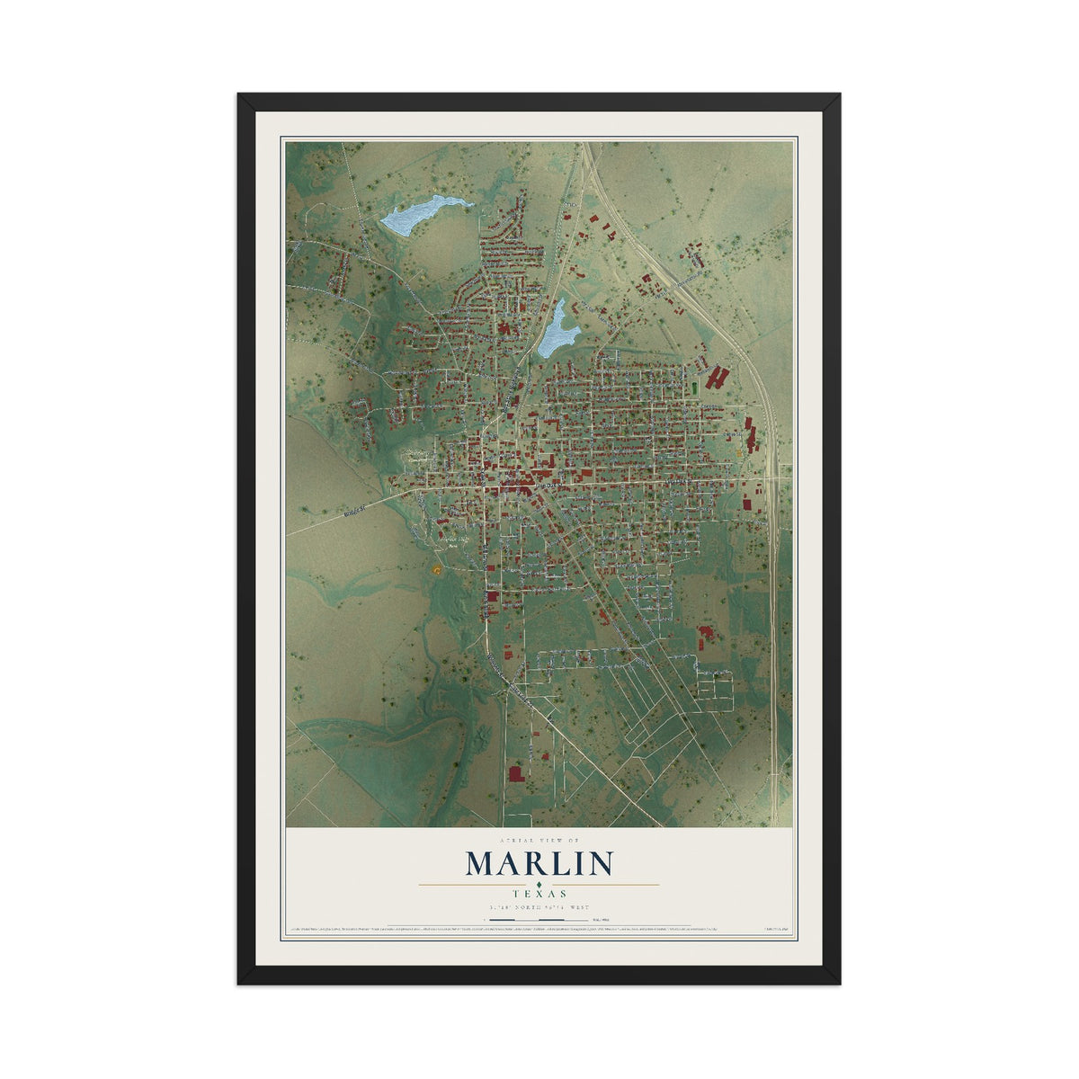 Map of Marlin, Texas, 12 x 18 inch print in a black wood frame