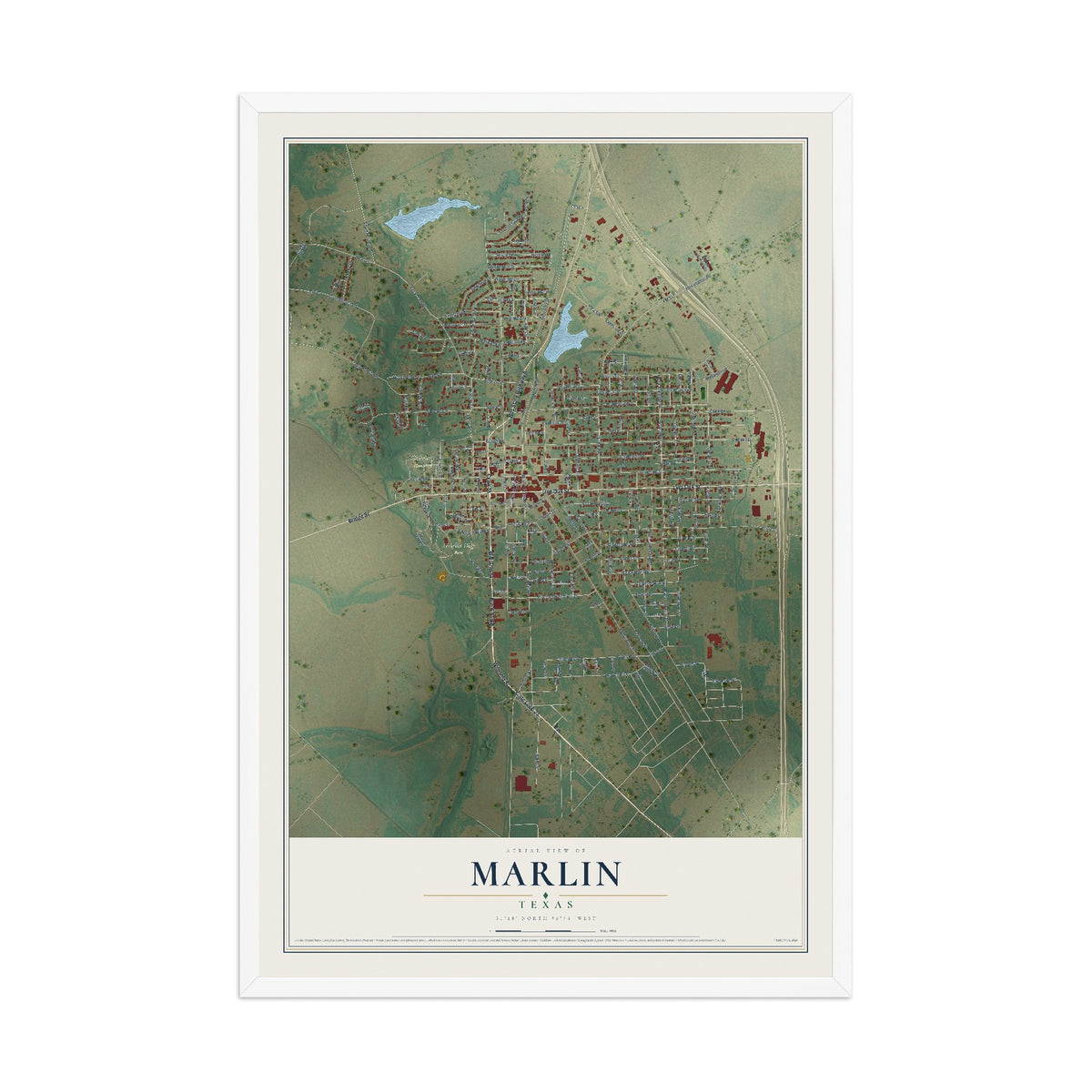 Map of Marlin, Texas, 12 x 18 inch print in a white wood frame