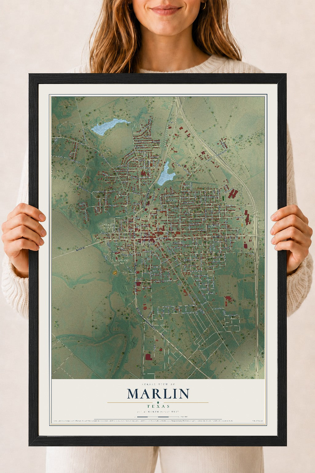 Map of Marlin, Texas, 18 x 24 inch print in a black wood frame