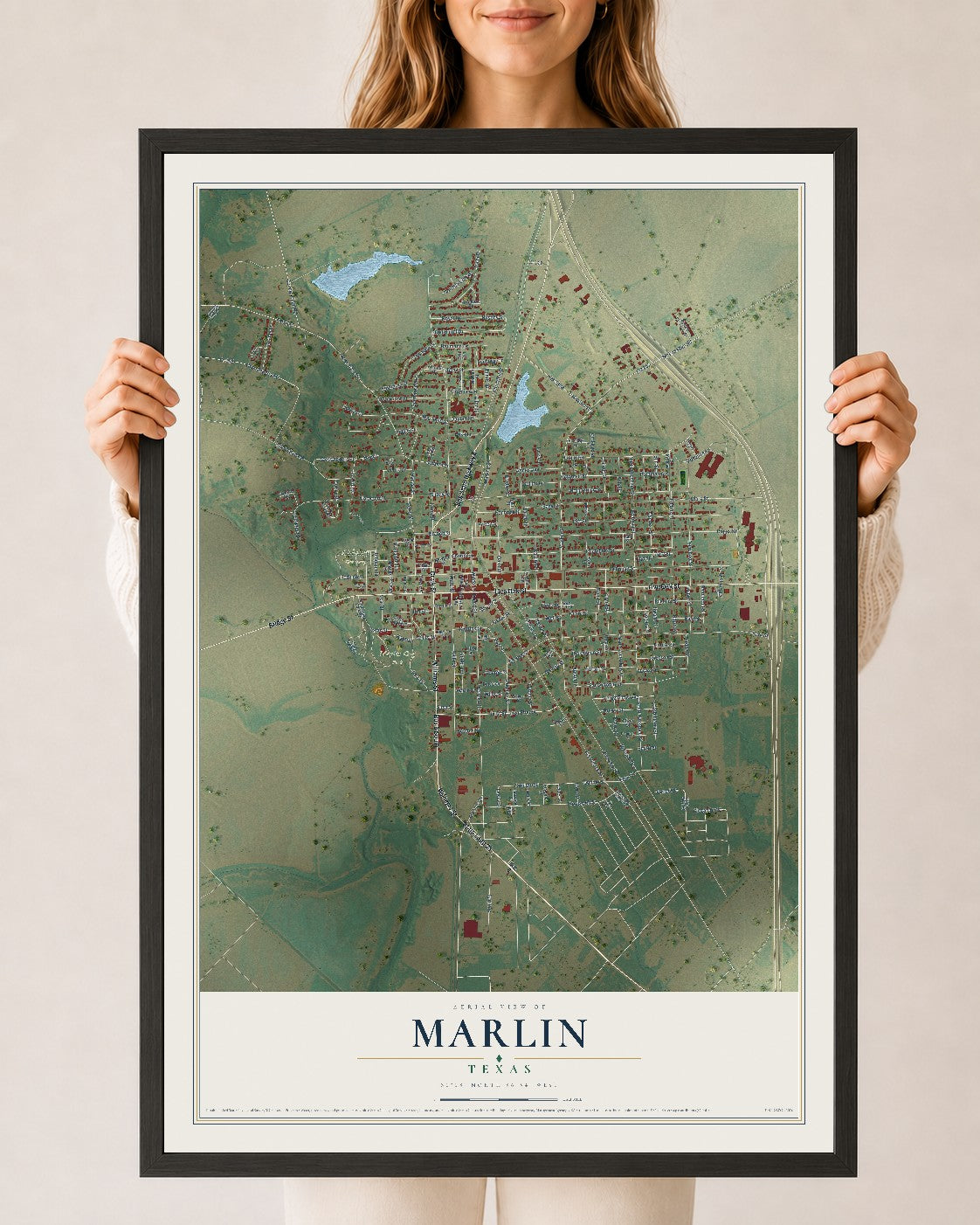 Map of Marlin, Texas, 24 x 36 inch print in a black wood frame