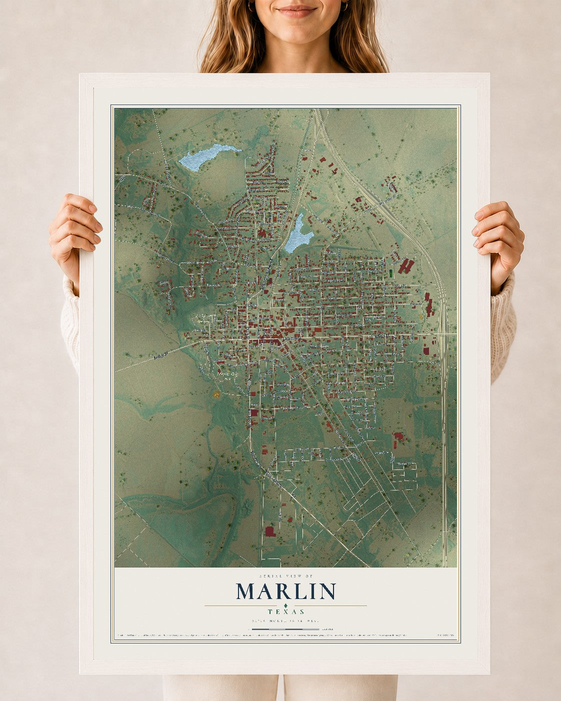 Map of Marlin, Texas, 24 x 36 inch print in a white wood frame