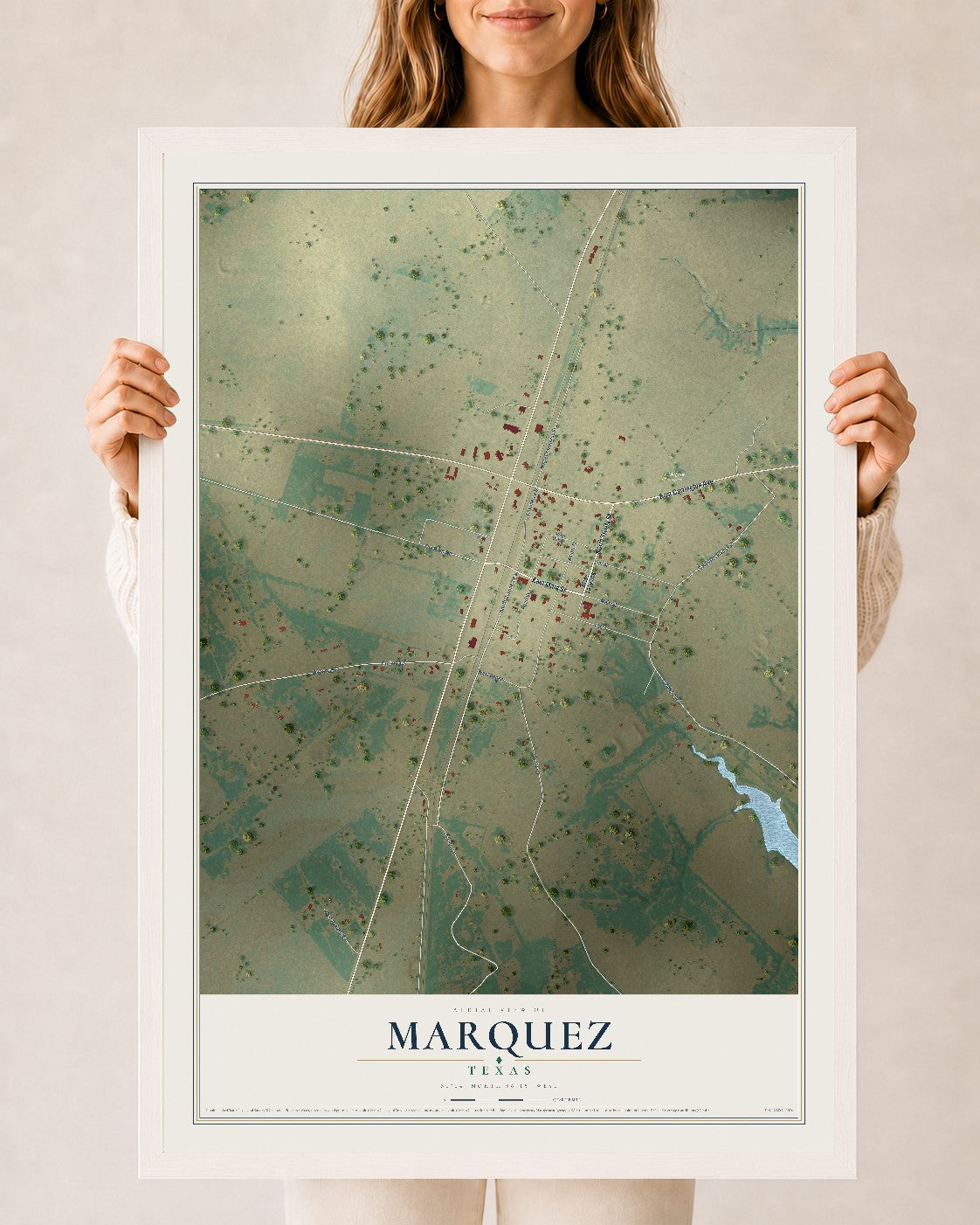 Map of Marquez, Texas, 24 x 36 inch print in a white wood frame