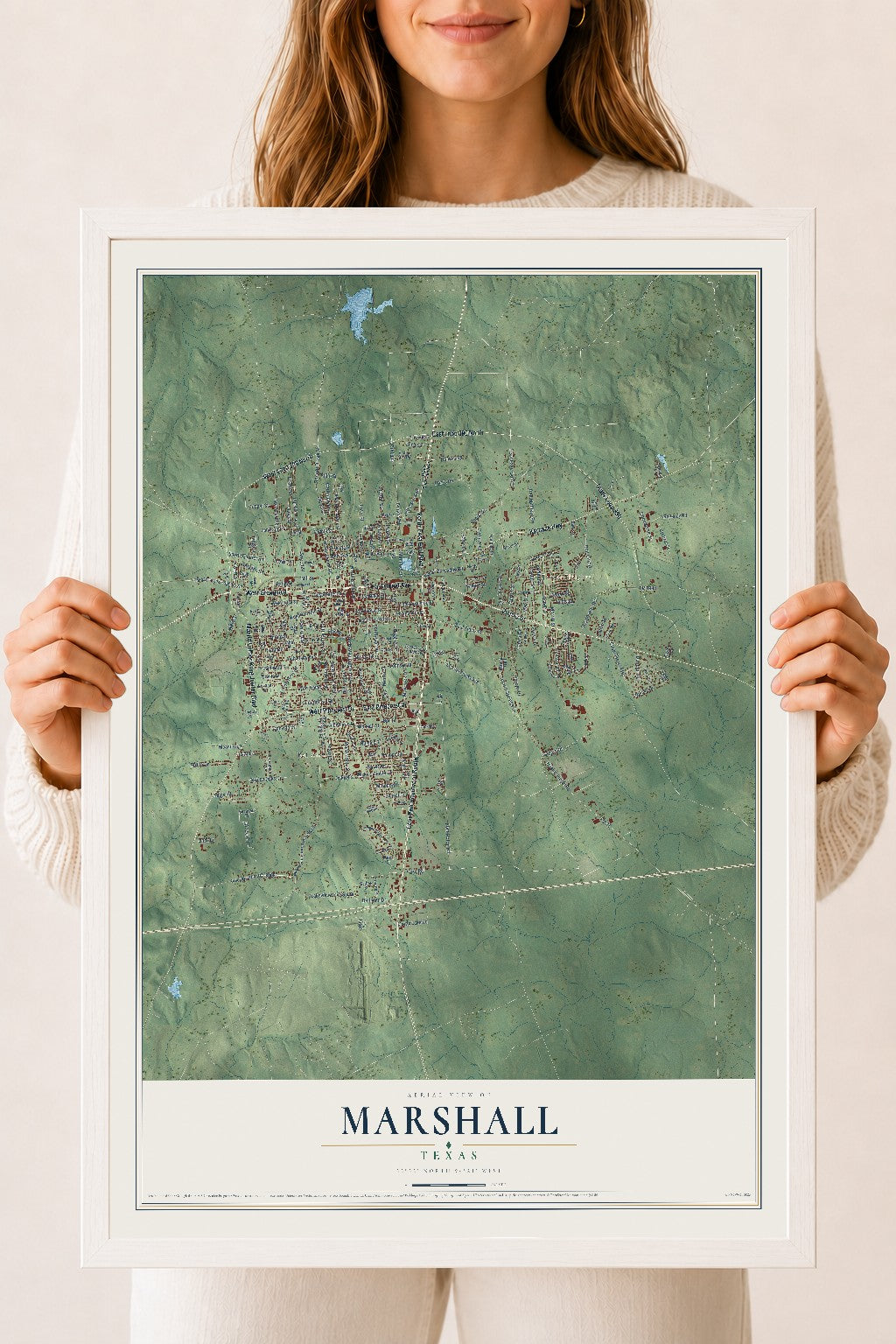 Map of Marshall, Texas, 18 x 24 inch print in a white wood frame