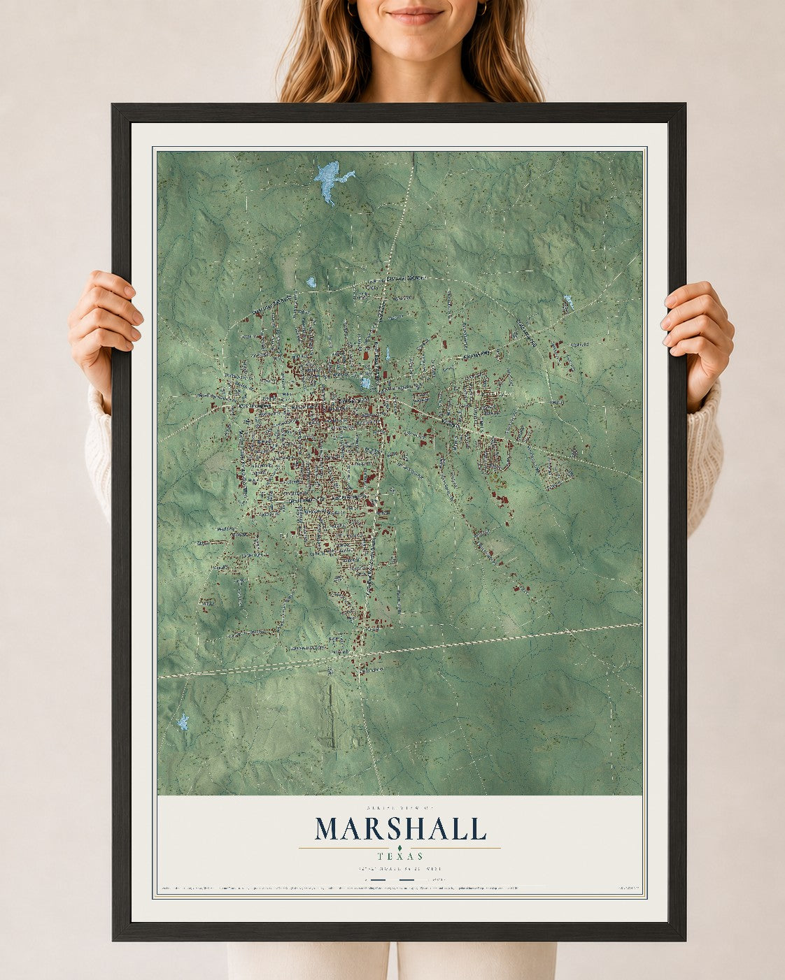 Map of Marshall, Texas, 24 x 36 inch print in a black wood frame