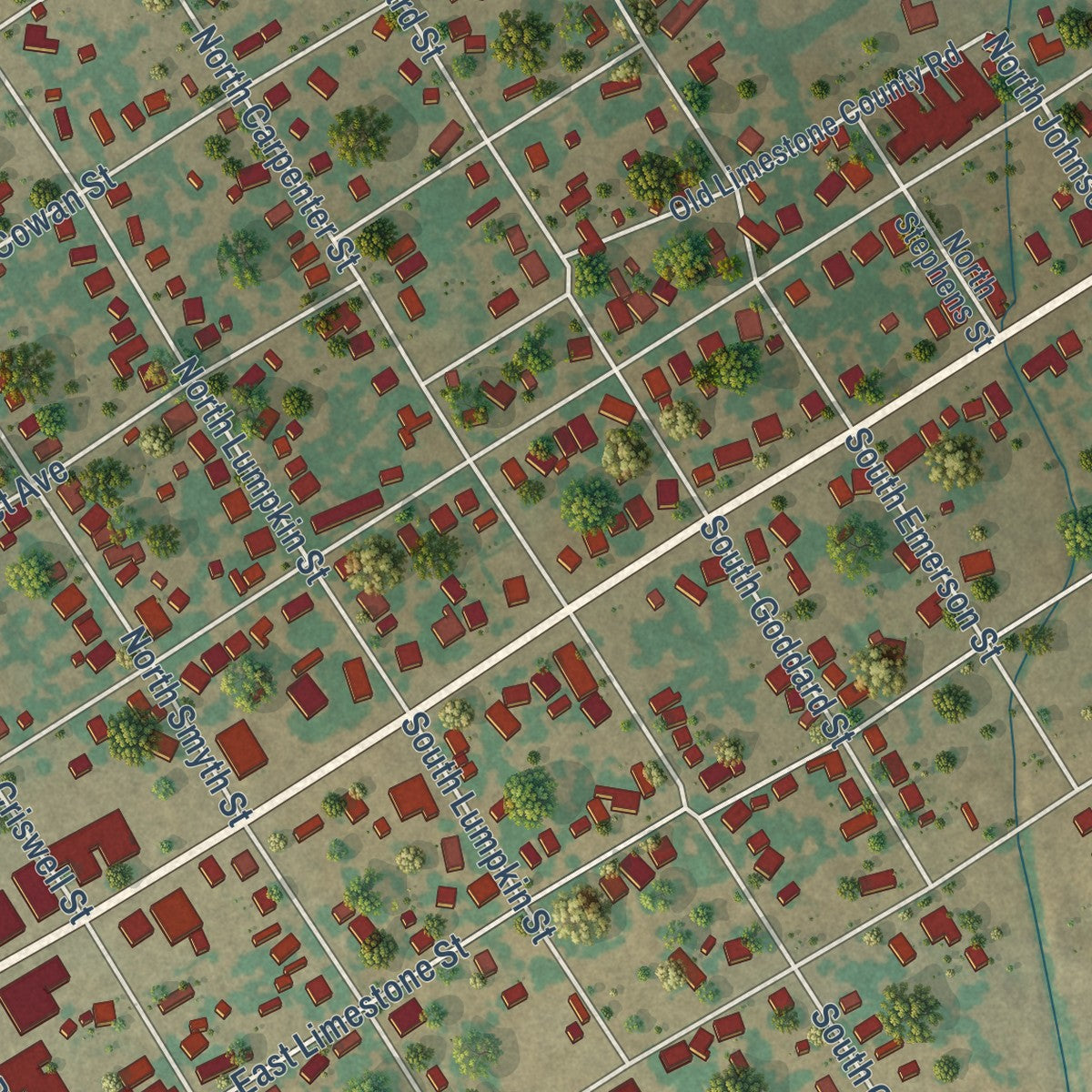 Close-up of the map of Mart, Texas print showing street and building detail