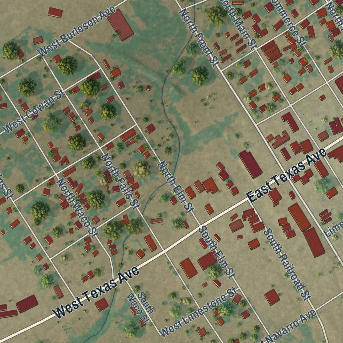 Second close-up of the map of Mart, Texas print showing more streets and buildings
