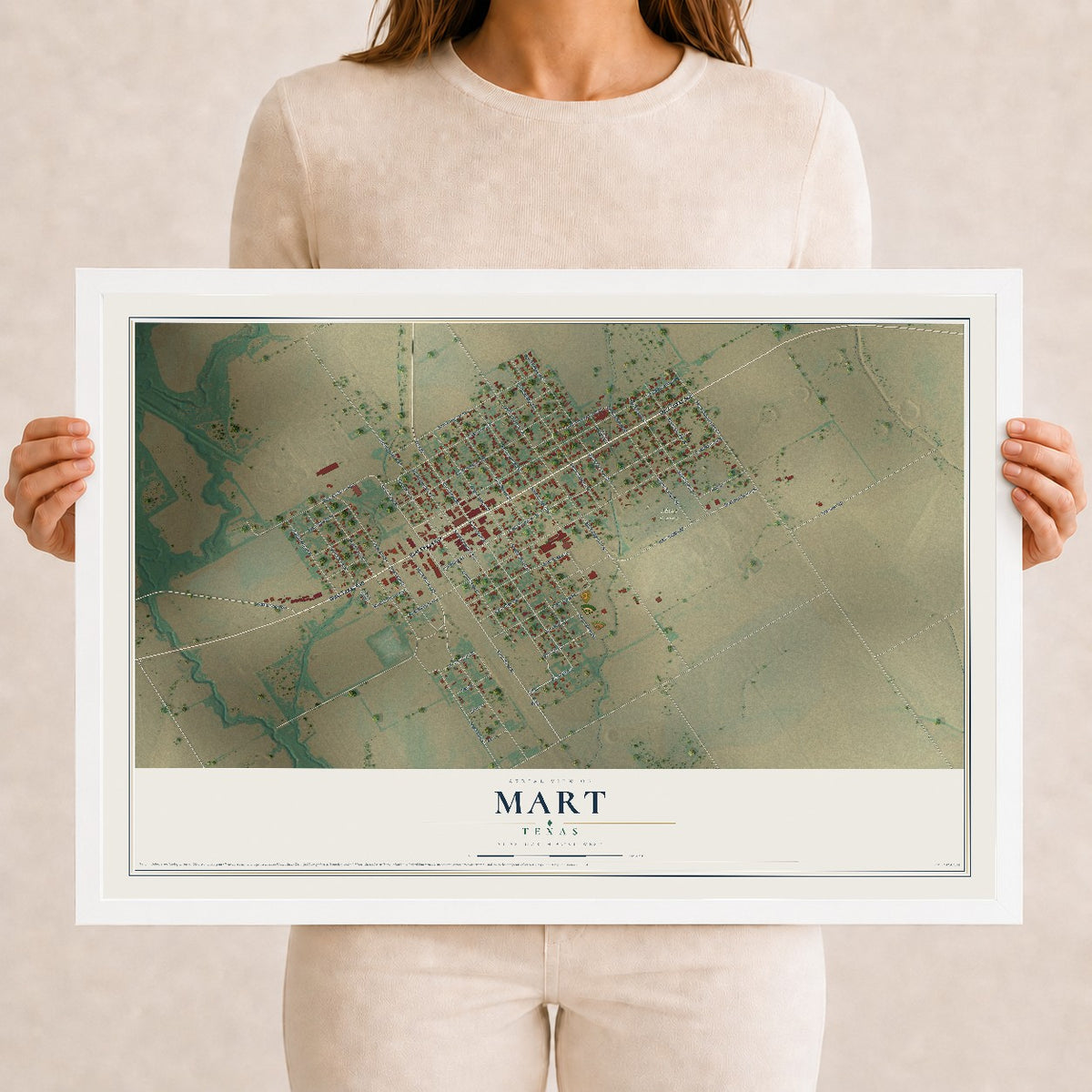 Map of Mart, Texas, 12 x 18 inch print in a white wood frame