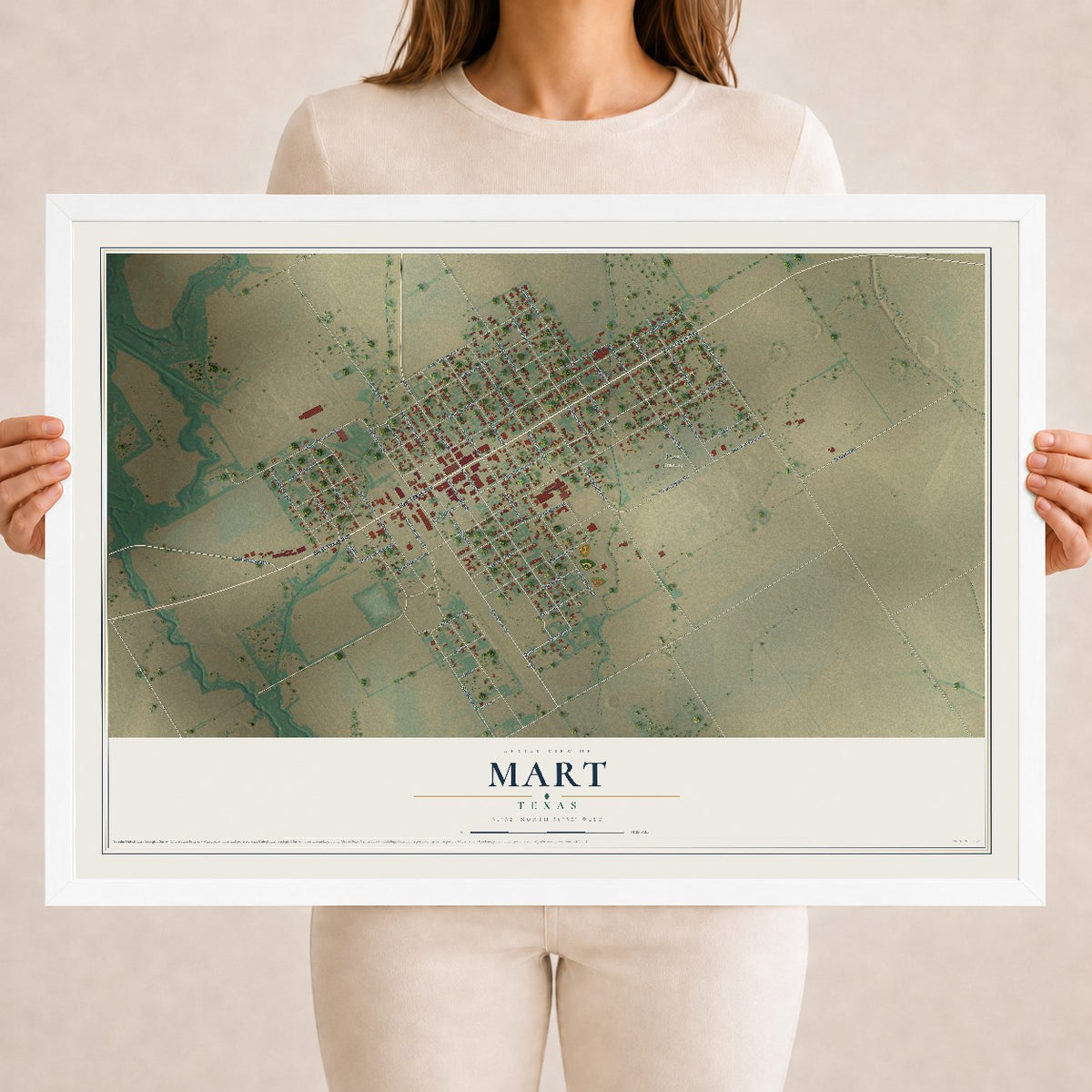 Map of Mart, Texas, 18 x 24 inch print in a white wood frame