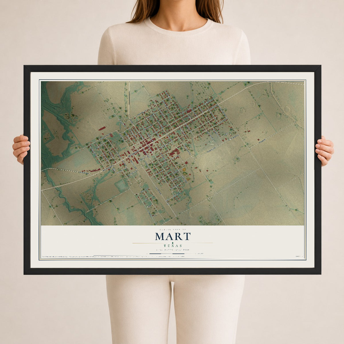 Map of Mart, Texas, 24 x 36 inch print in a black wood frame