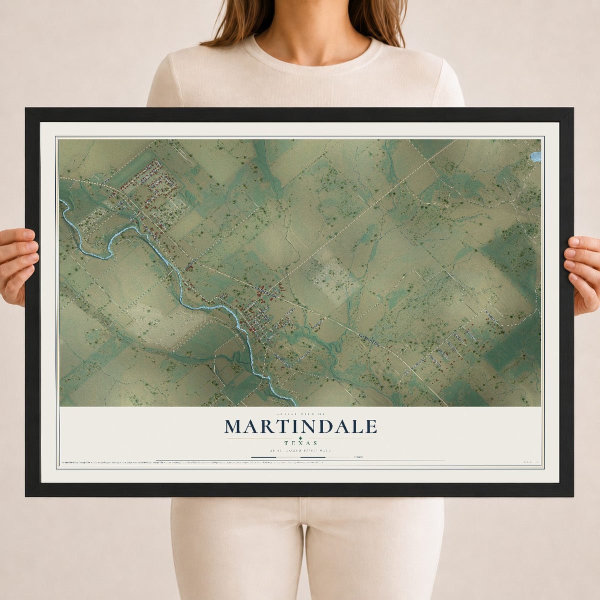 Map of Martindale, Texas, 18 x 24 inch print in a black wood frame