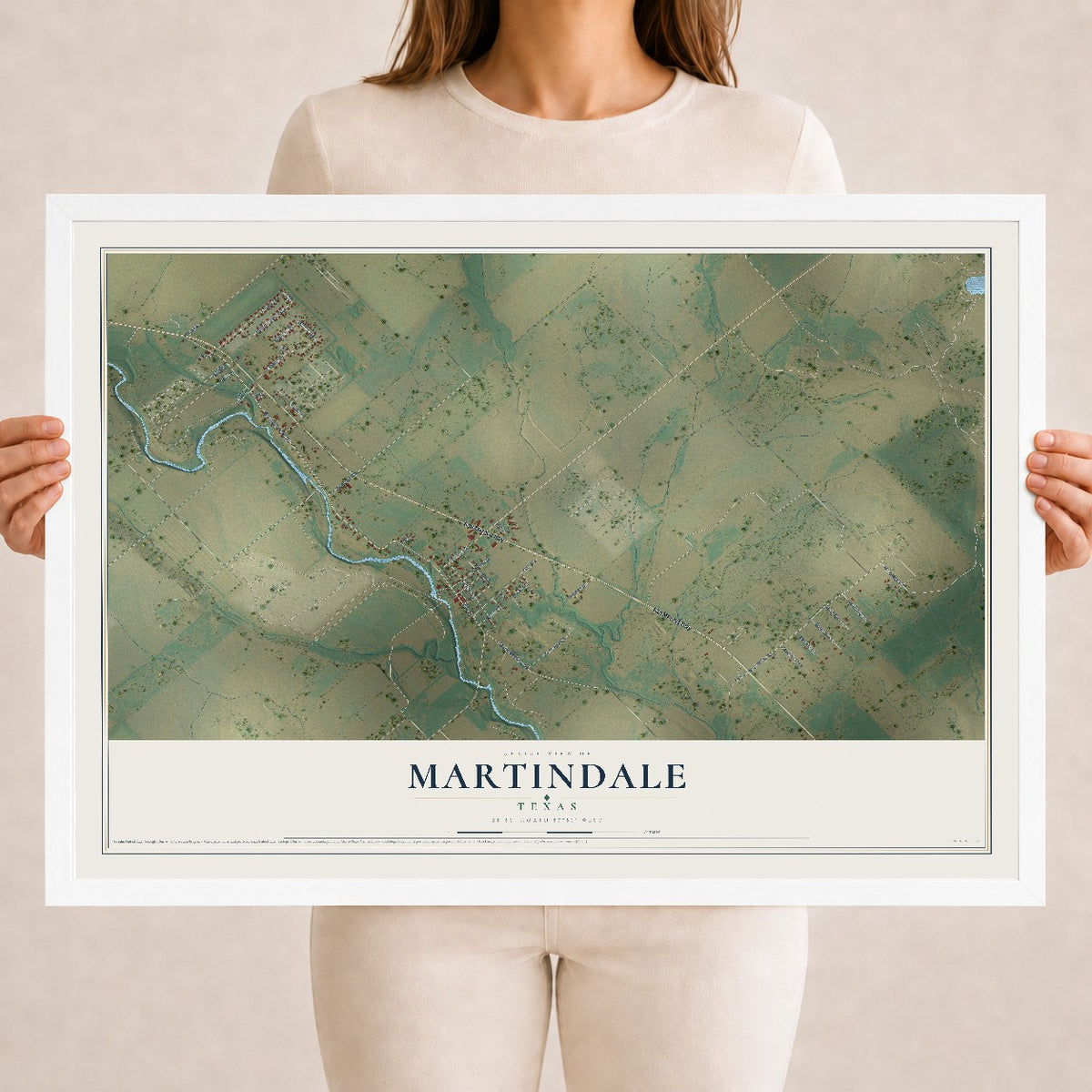 Map of Martindale, Texas, 18 x 24 inch print in a white wood frame