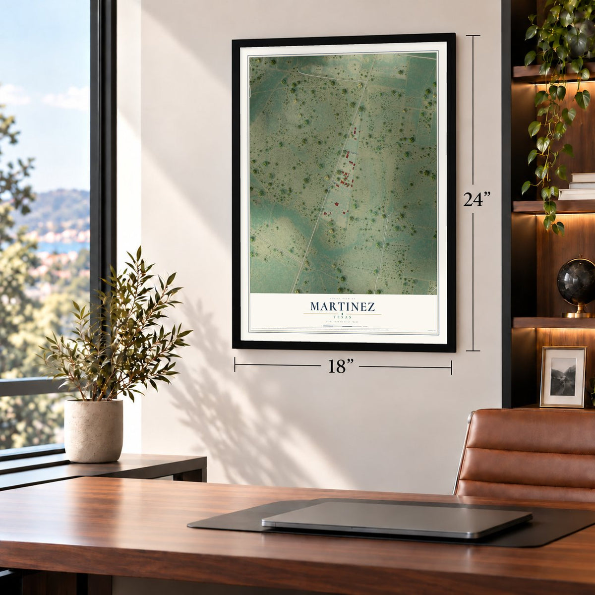 Martinez, Texas map, 18 x 24 inch print in a black frame in a home office