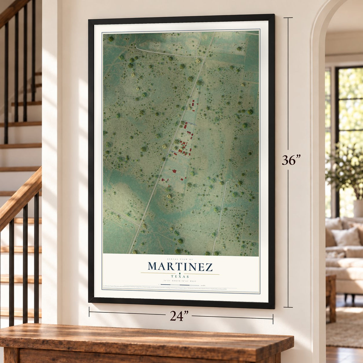 Martinez, Texas map, 24 x 36 inch print in a black frame by a staircase