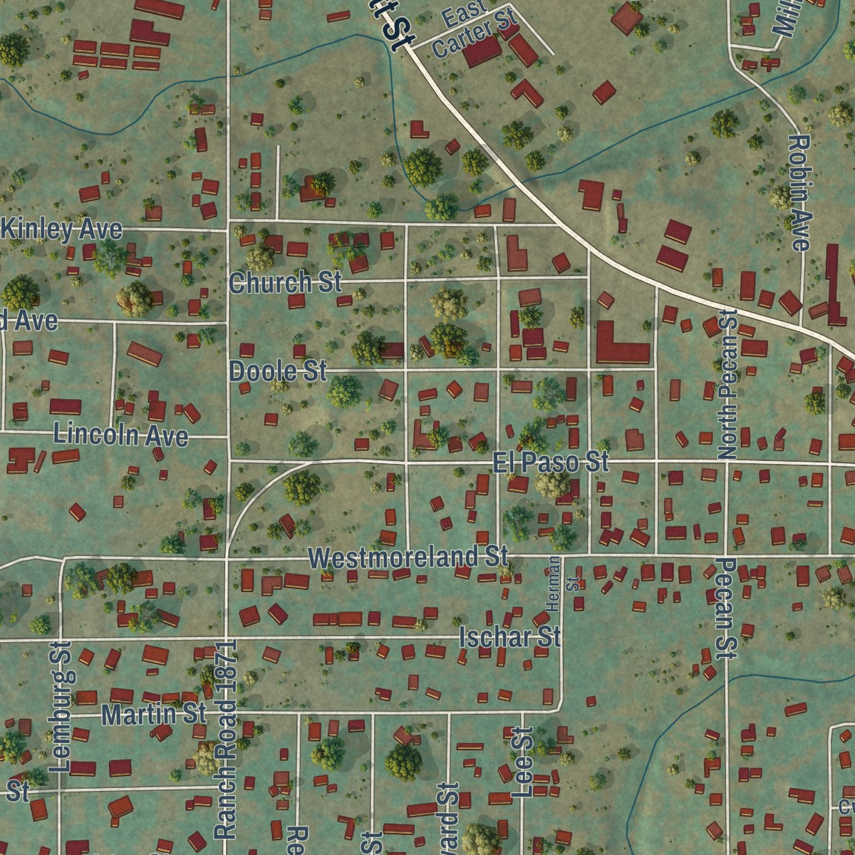 Second close-up of the map of Mason, Texas print showing more streets and buildings