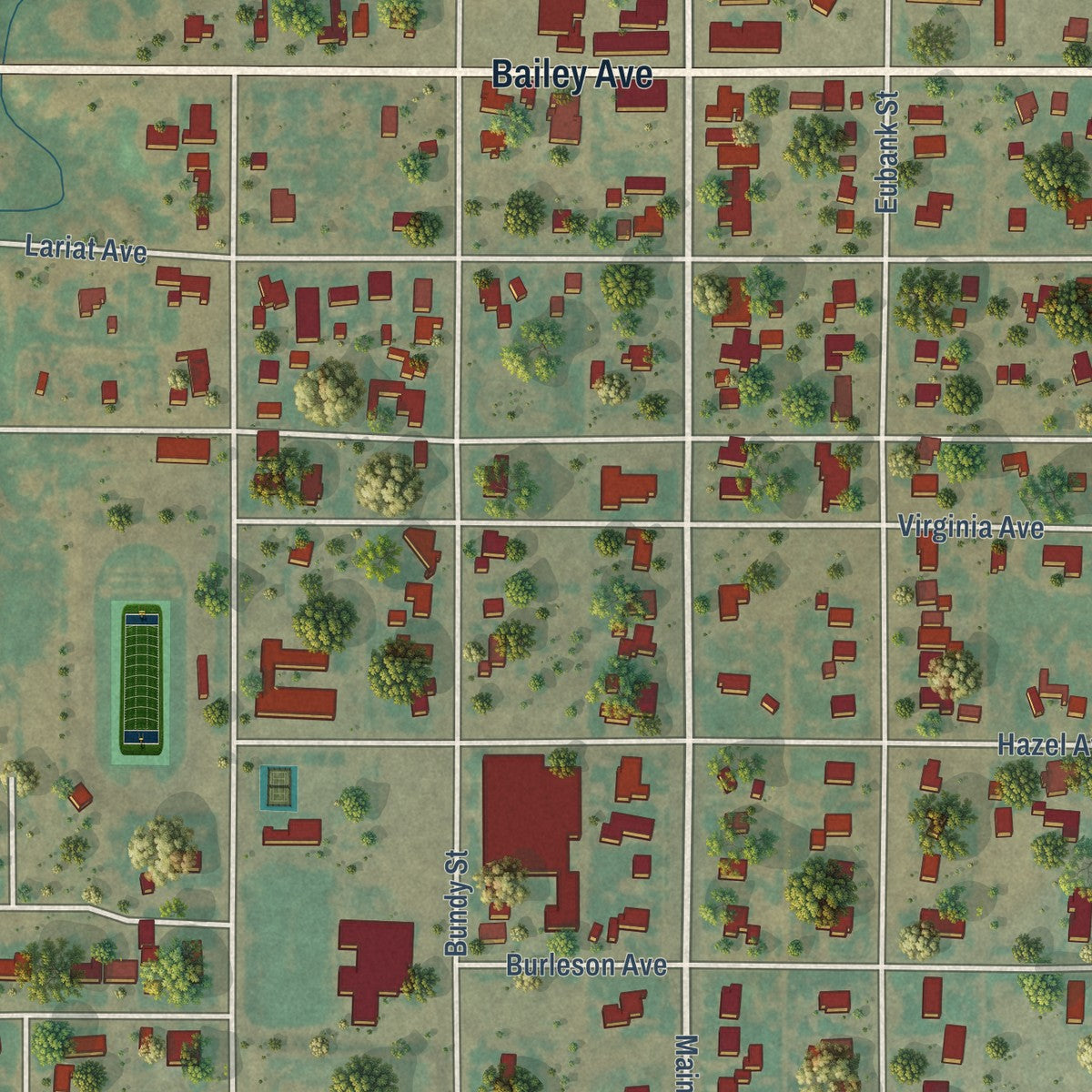 Close-up of the map of Matador, Texas print showing street and building detail