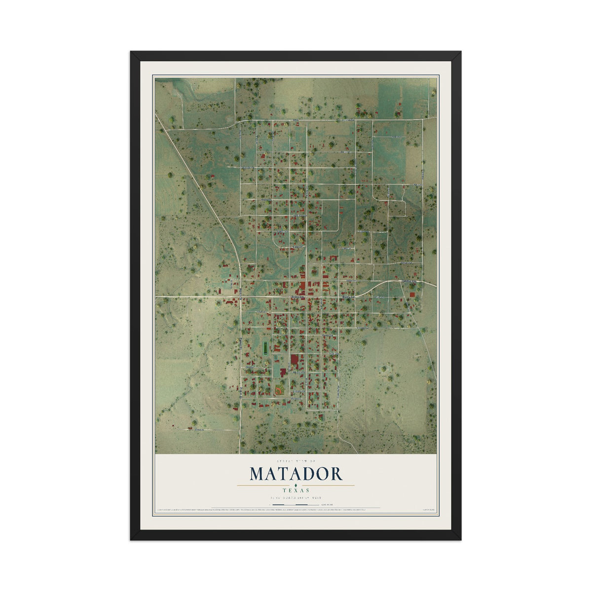 Map of Matador, Texas, 12 x 18 inch print in a black wood frame