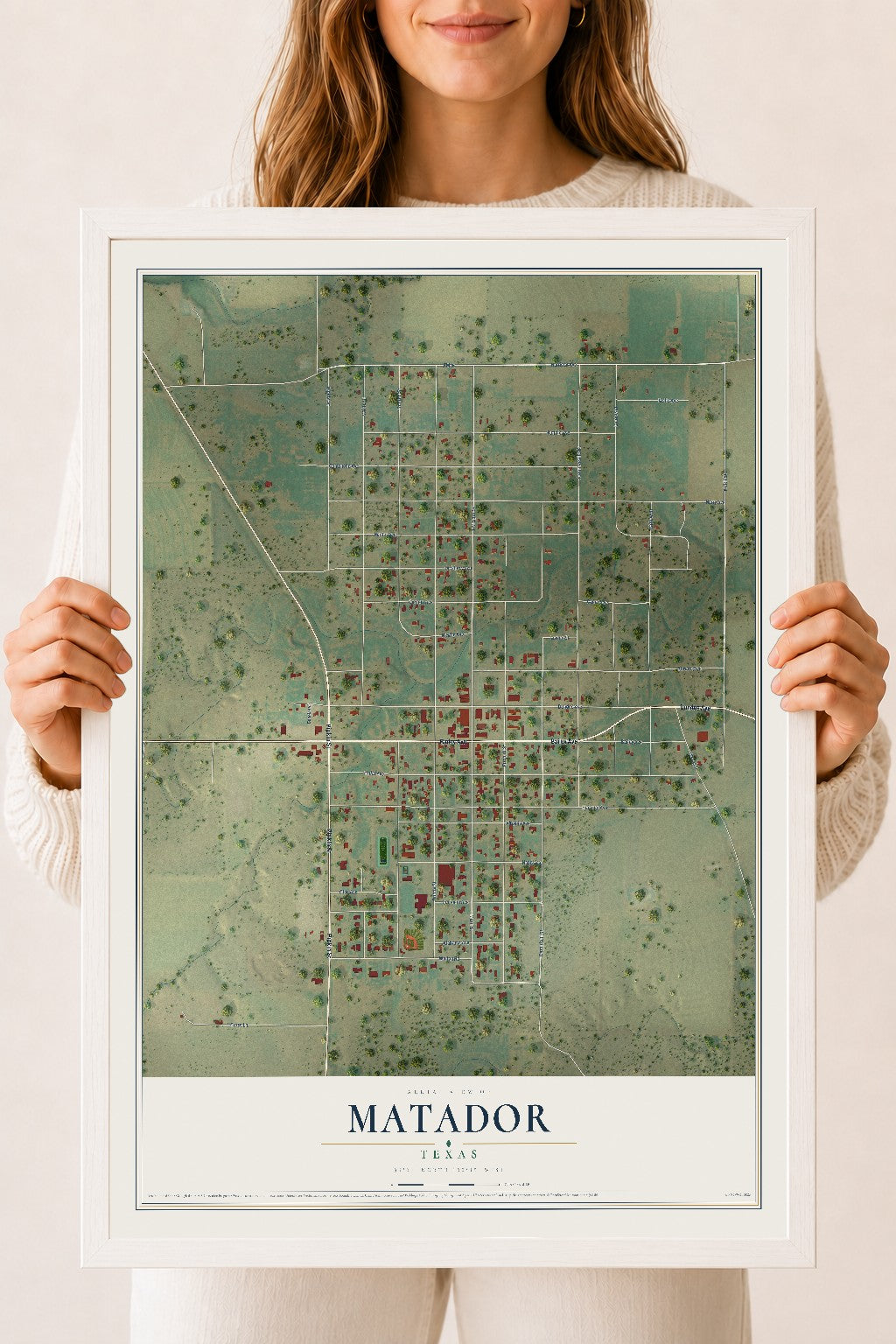 Map of Matador, Texas, 18 x 24 inch print in a white wood frame