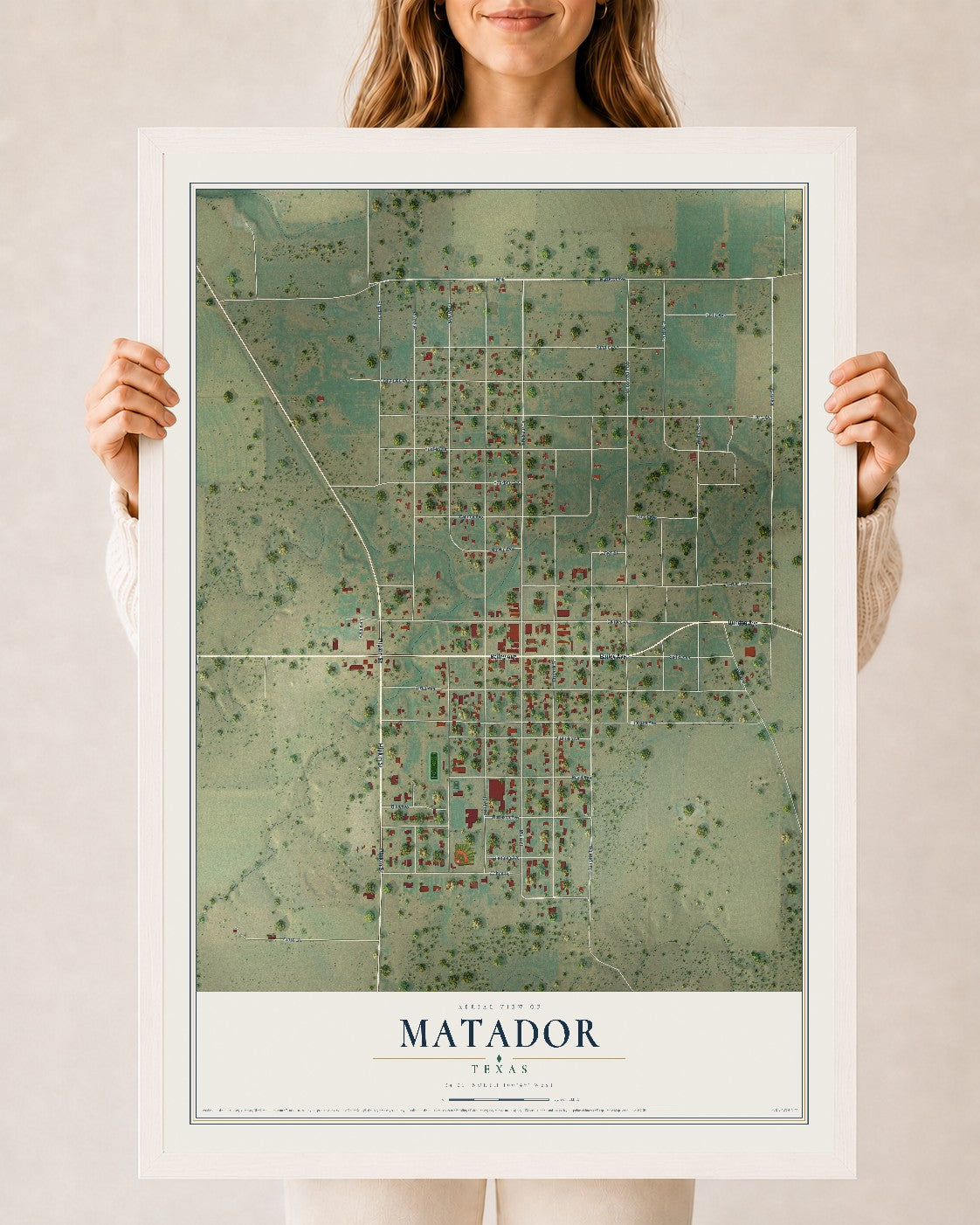 Map of Matador, Texas, 24 x 36 inch print in a white wood frame