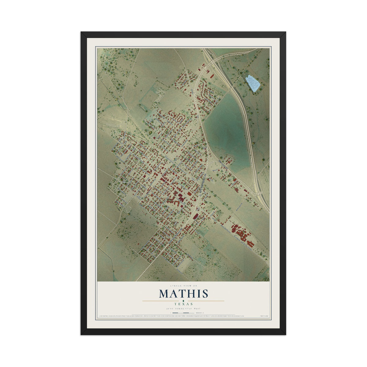 Map of Mathis, Texas, 12 x 18 inch print in a black wood frame