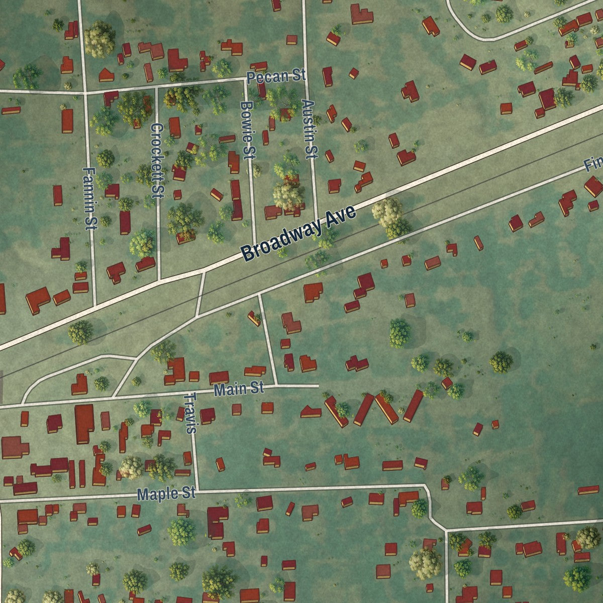 Close-up of the map of Maud, Texas print showing street and building detail