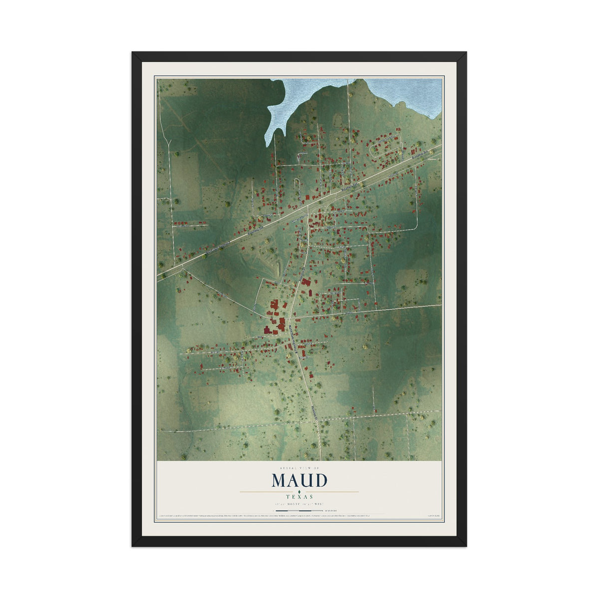 Map of Maud, Texas, 12 x 18 inch print in a black wood frame
