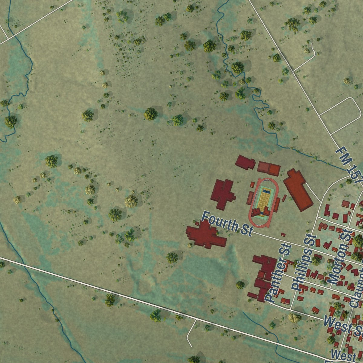 Close-up of the map of Maypearl, Texas print showing street and building detail