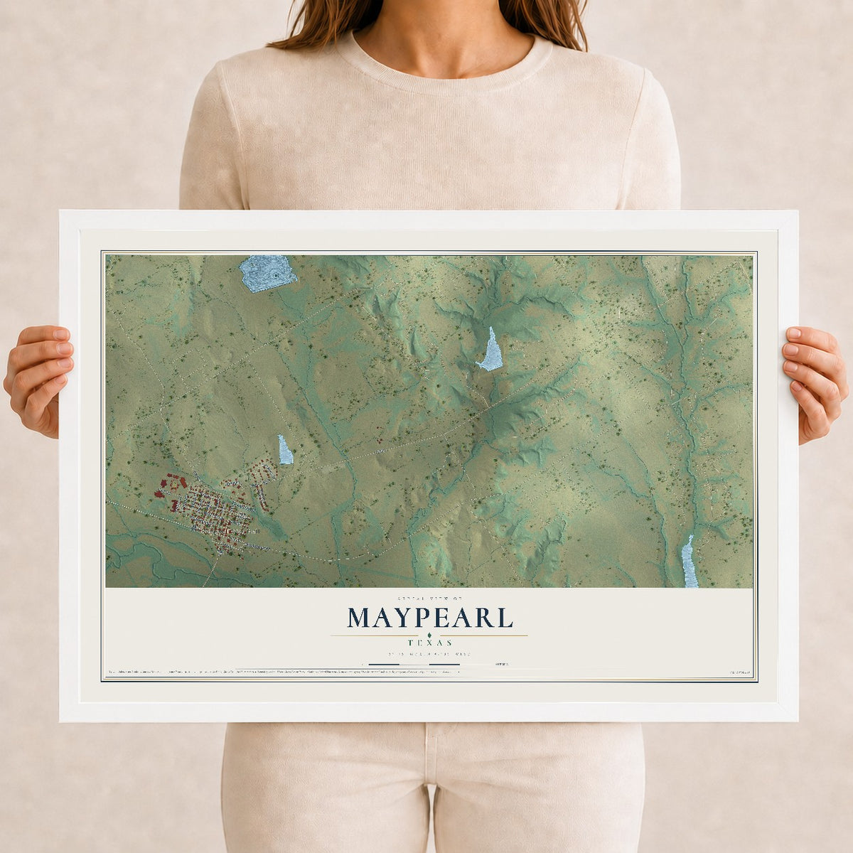 Map of Maypearl, Texas, 12 x 18 inch print in a white wood frame