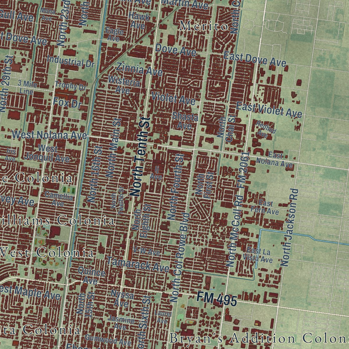 Close-up of the map of McAllen, Texas print showing street and building detail