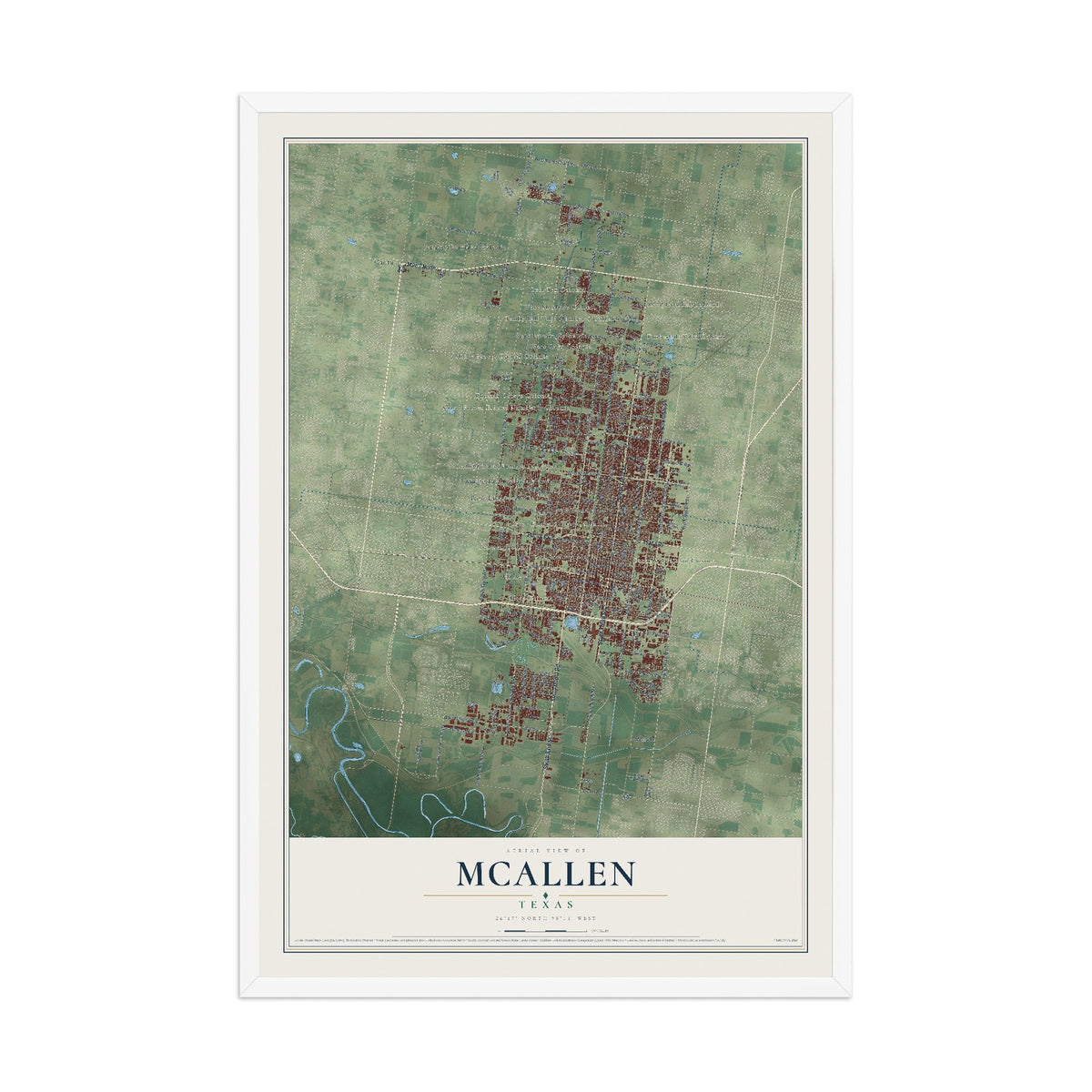 Map of McAllen, Texas, 12 x 18 inch print in a white wood frame
