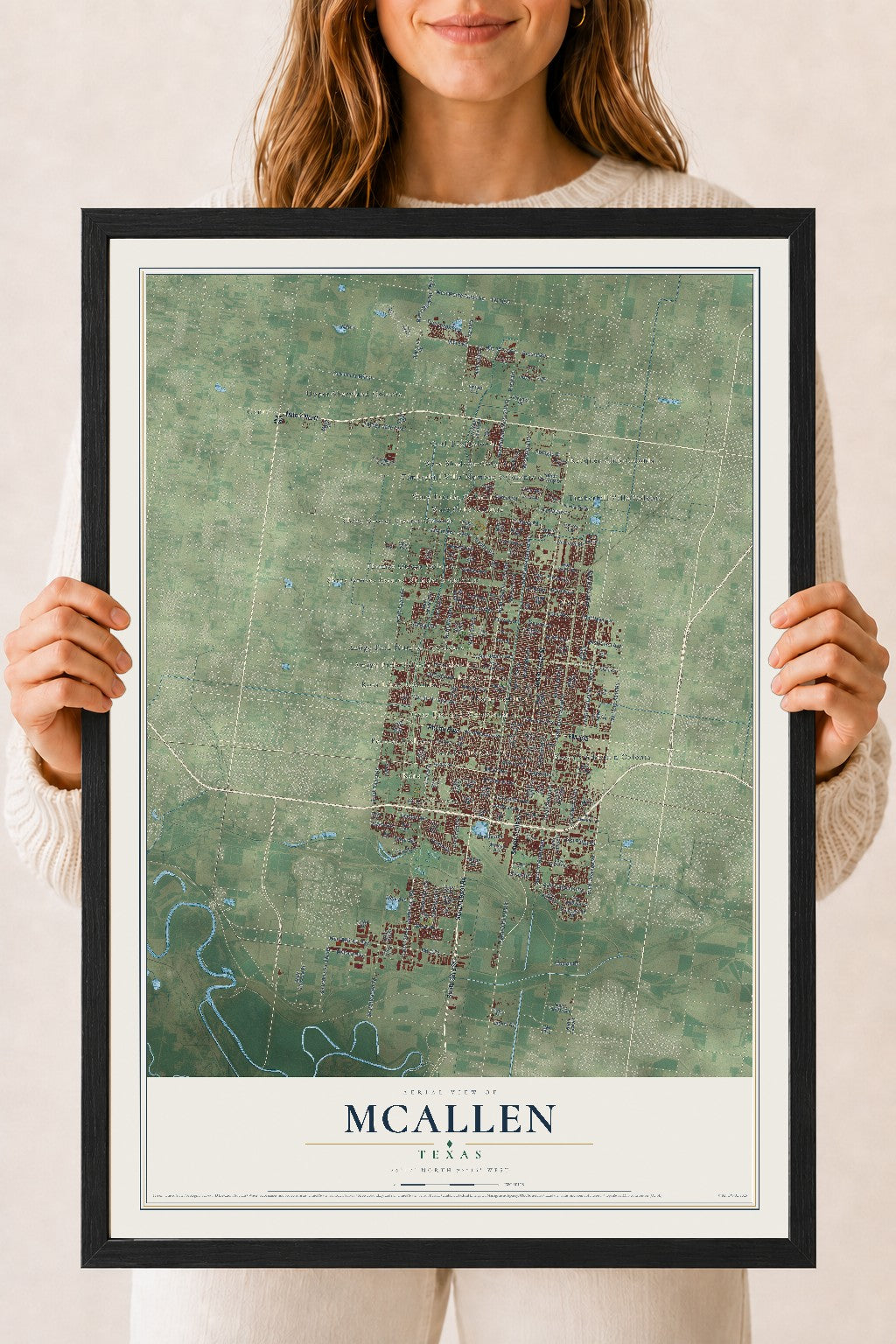 Map of McAllen, Texas, 18 x 24 inch print in a black wood frame