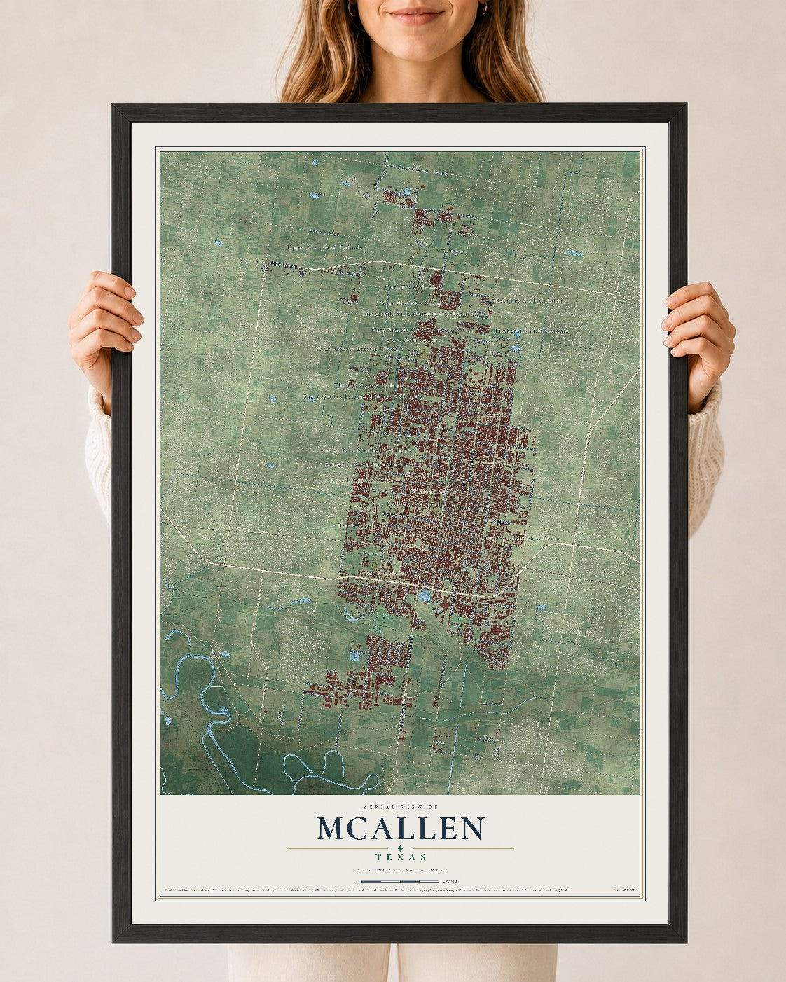 Map of McAllen, Texas, 24 x 36 inch print in a black wood frame