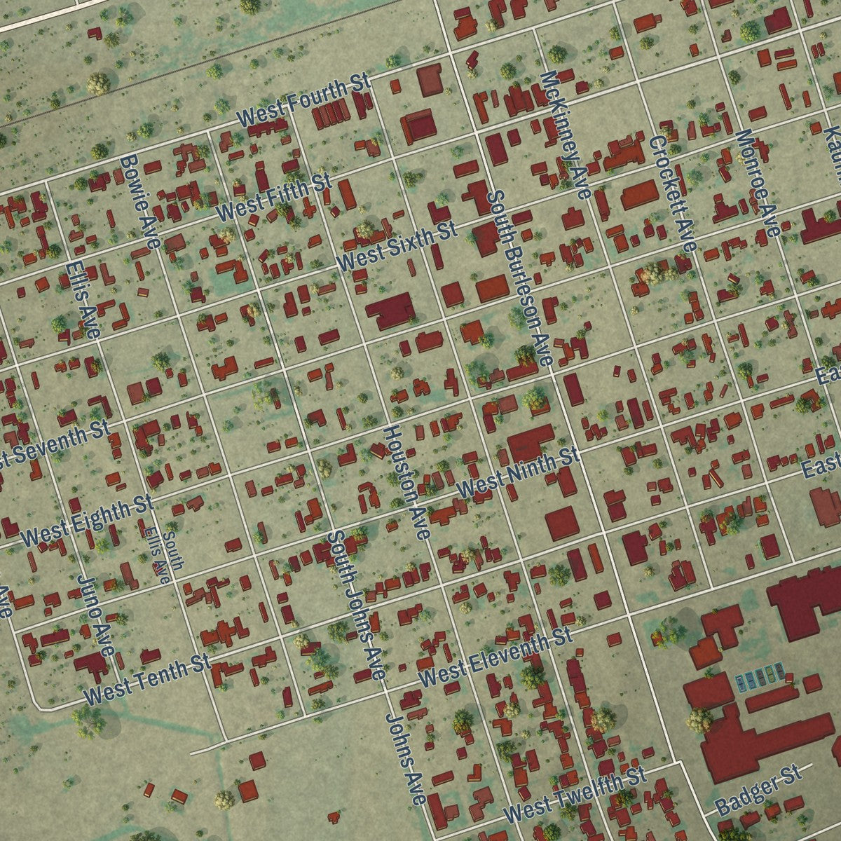 Close-up of the map of McCamey, Texas print showing street and building detail