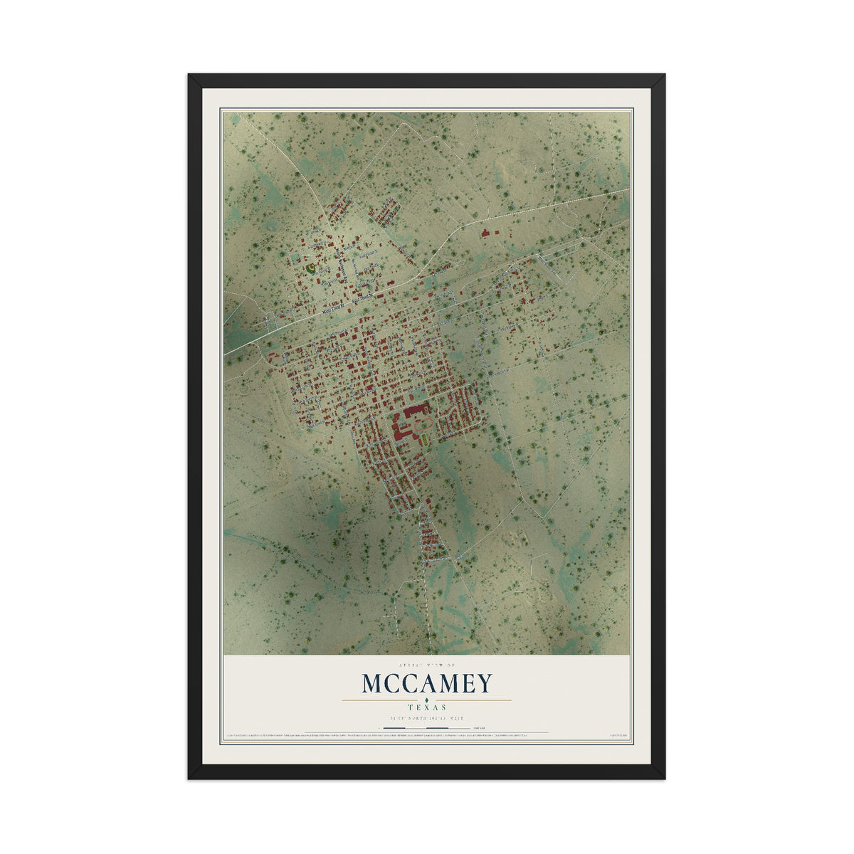 Map of McCamey, Texas, 12 x 18 inch print in a black wood frame
