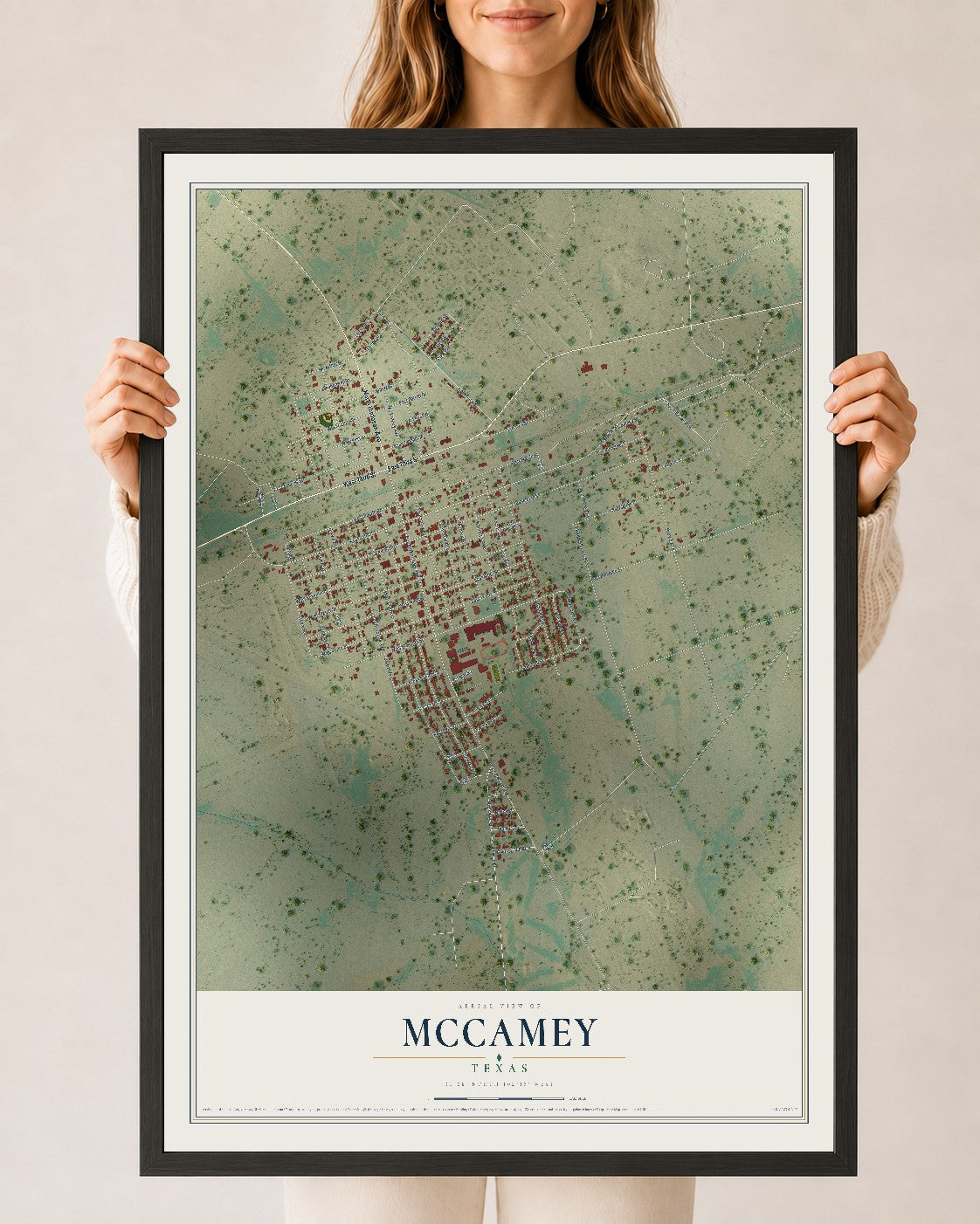 Map of McCamey, Texas, 24 x 36 inch print in a black wood frame