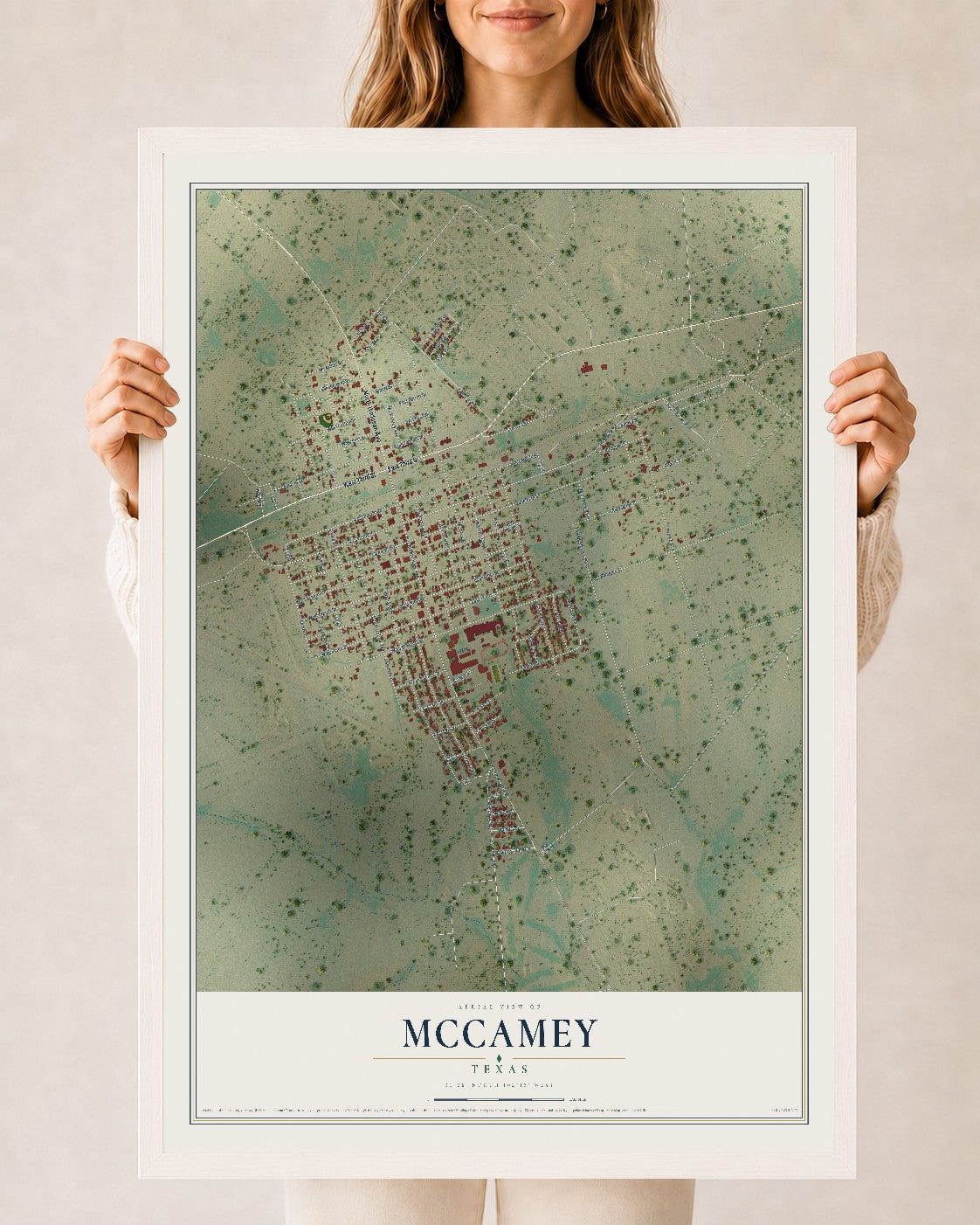 Map of McCamey, Texas, 24 x 36 inch print in a white wood frame